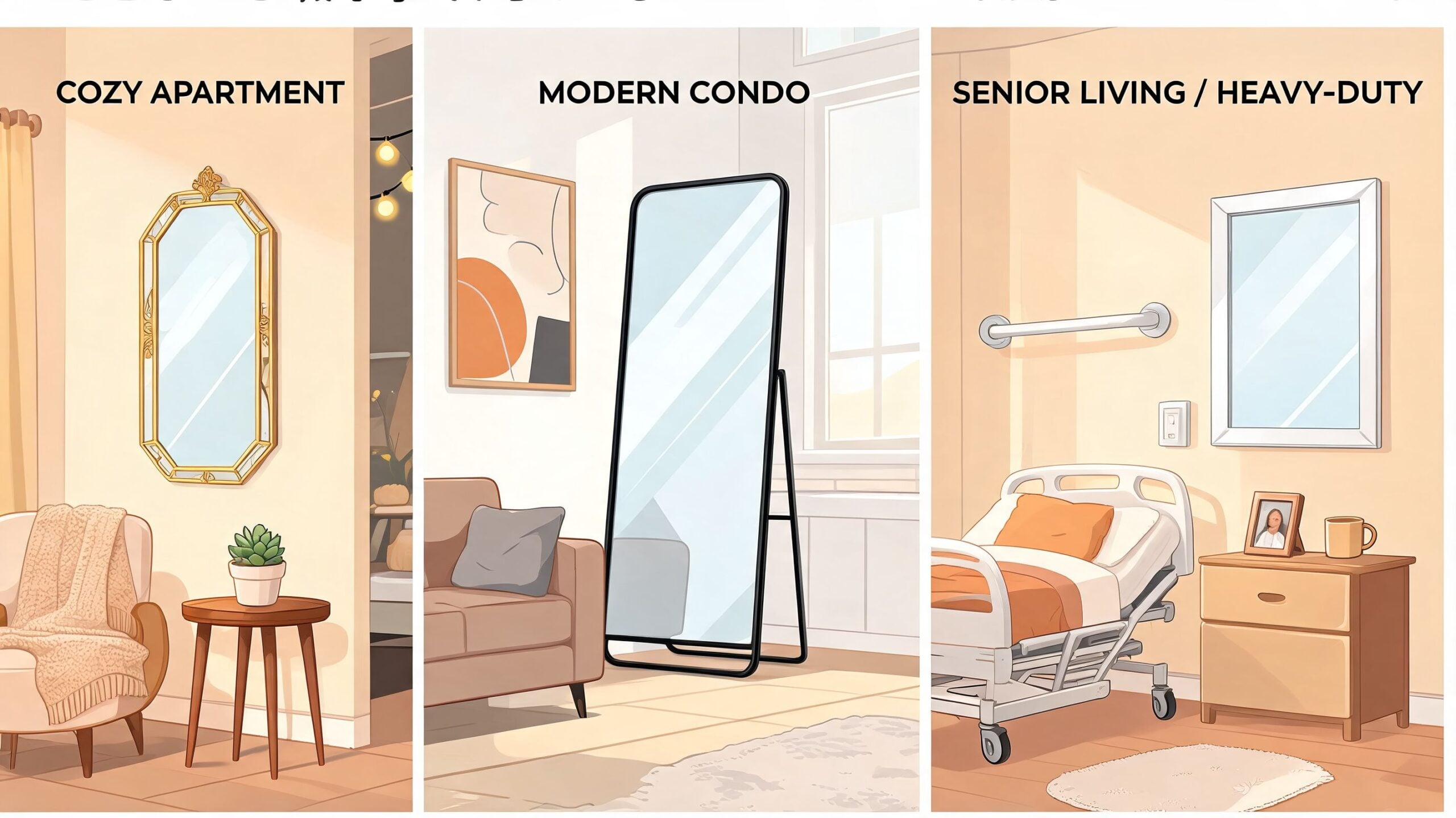 A split-screen illustration showing mirrors styled for a cozy apartment, a modern condo, and a senior living room.