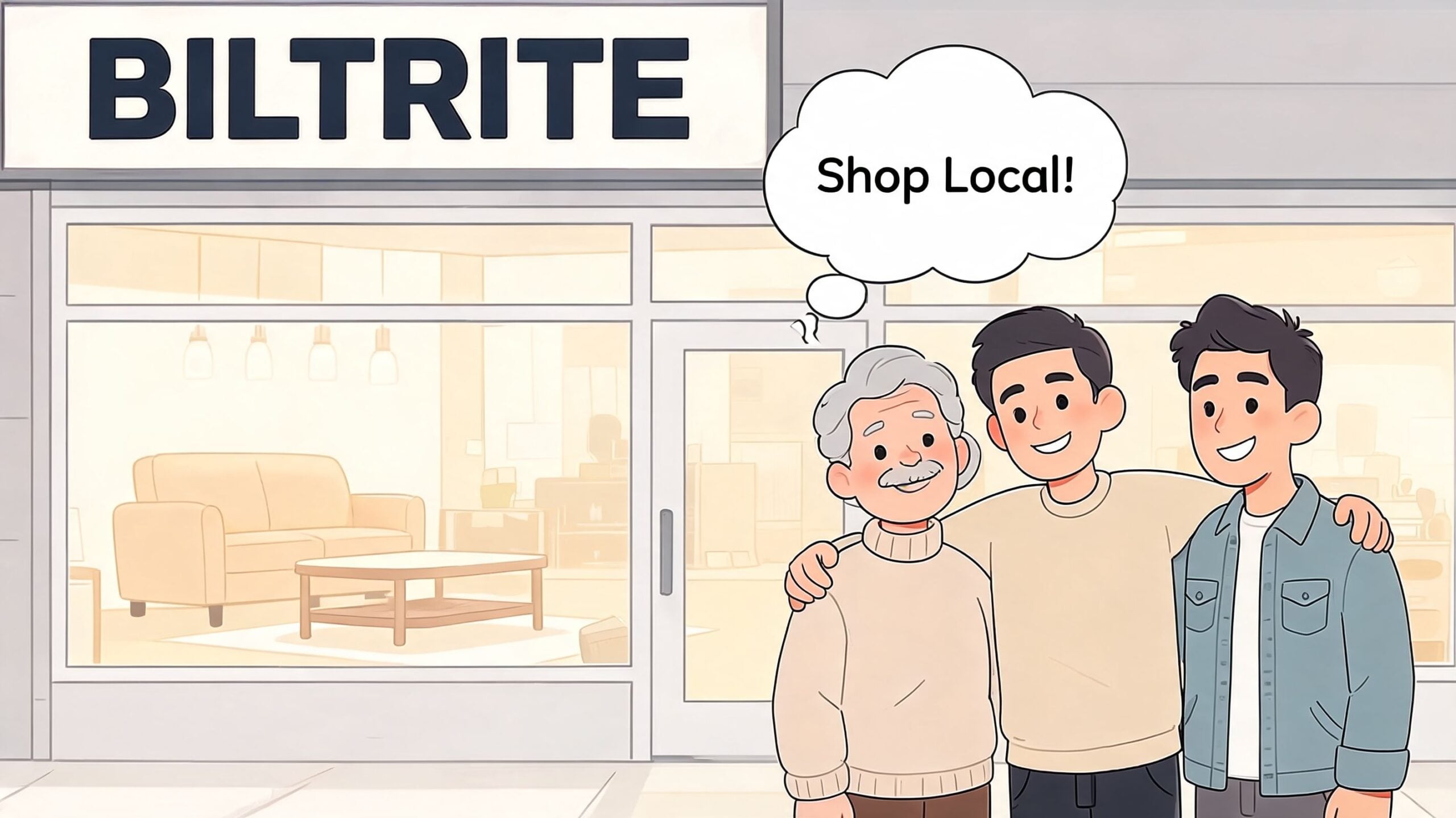 Three smiling men standing in front of a BILTRITE local furniture store with a Shop Local speech bubble.