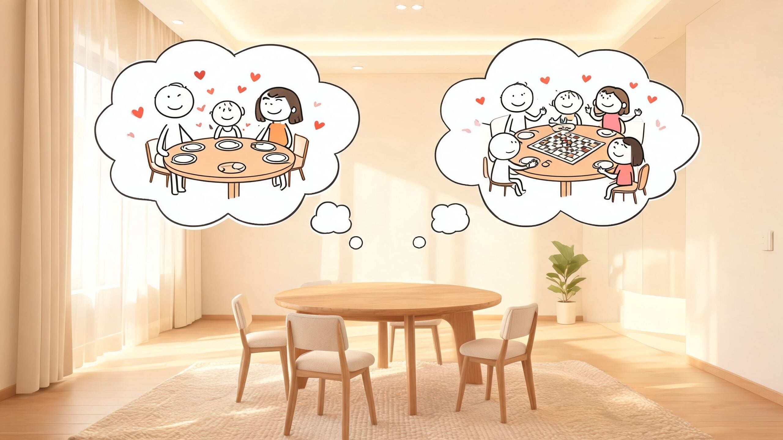A minimalist dining room featuring a wooden round table with chairs and illustrated family-themed thought bubbles.