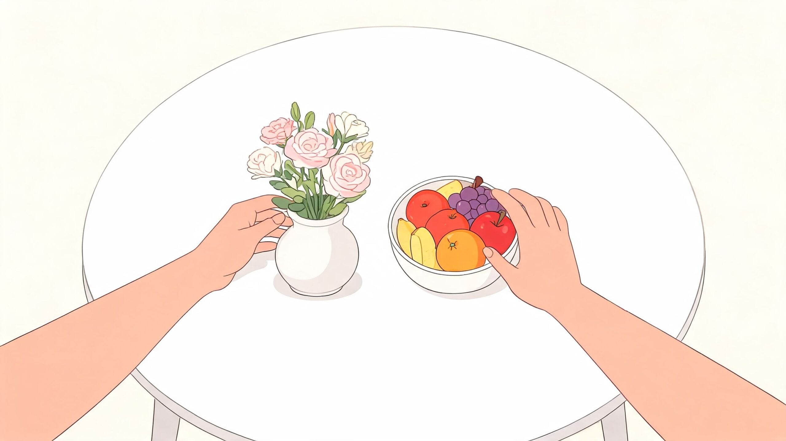 A first-person view of hands touching a vase of flowers and a bowl of fruit on a table.