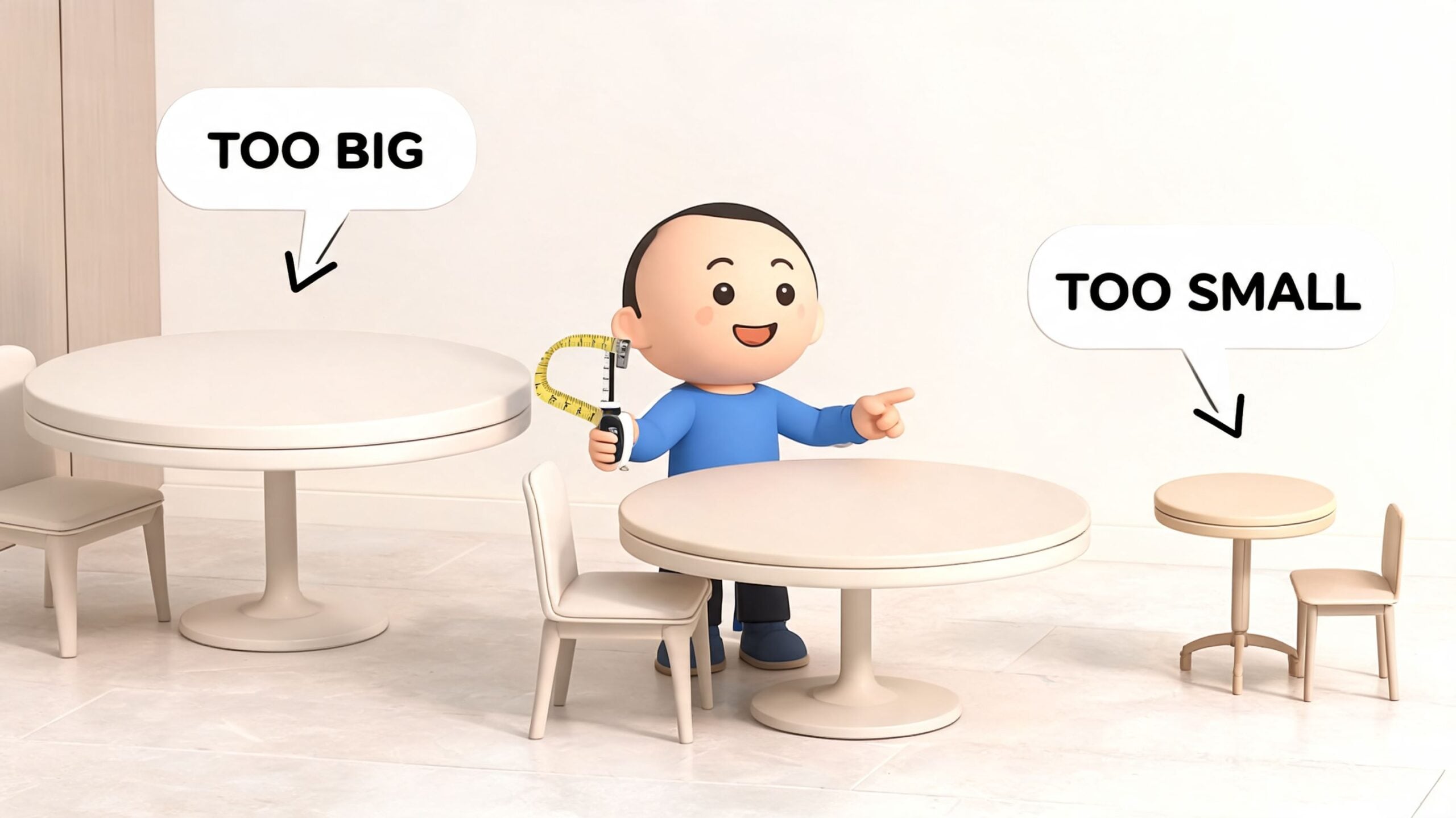 A 3D character holding a tape measure comparing different round table sizes in a bright room.