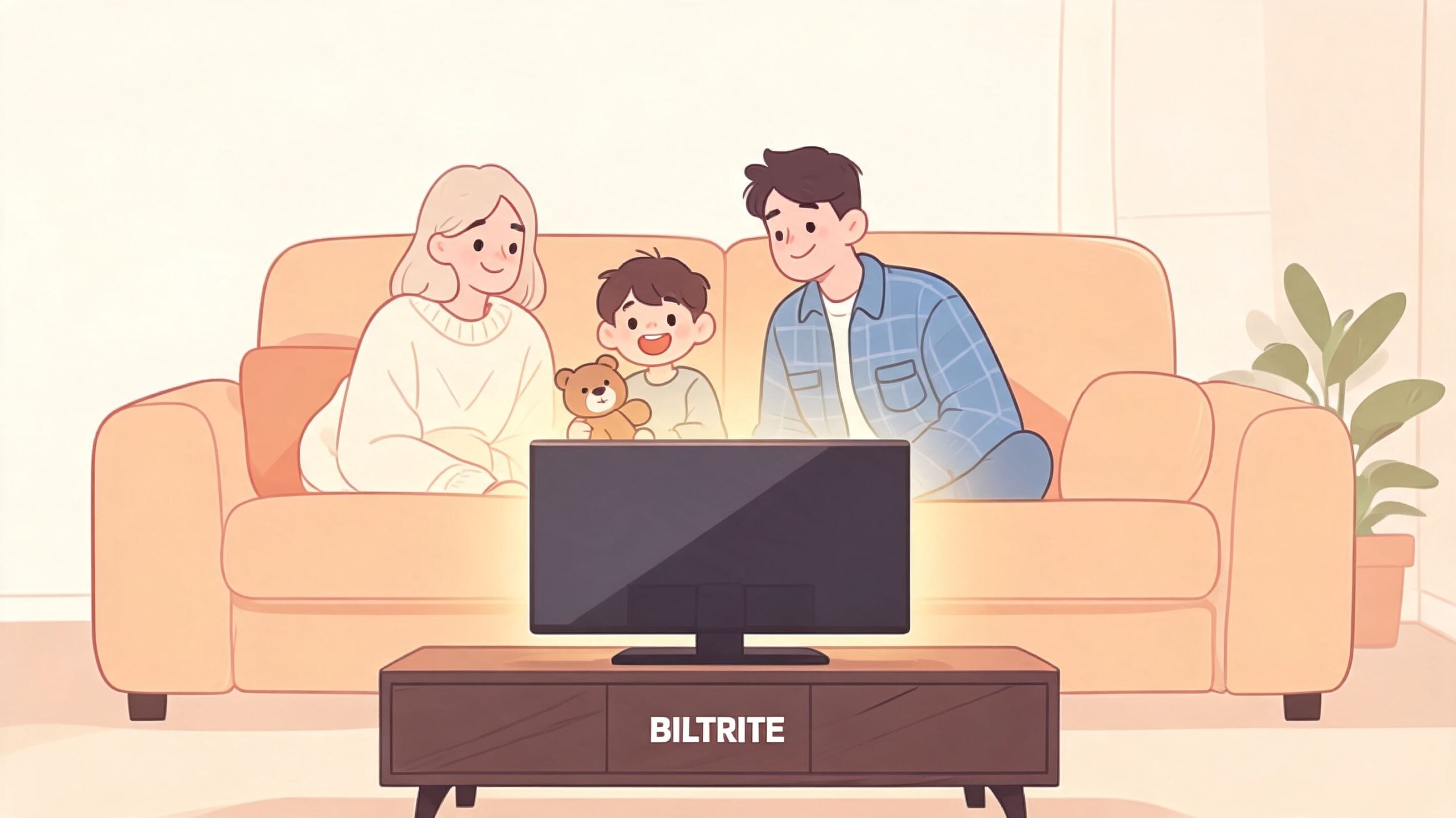 A happy family sitting on a sofa in their living room watching a television set.