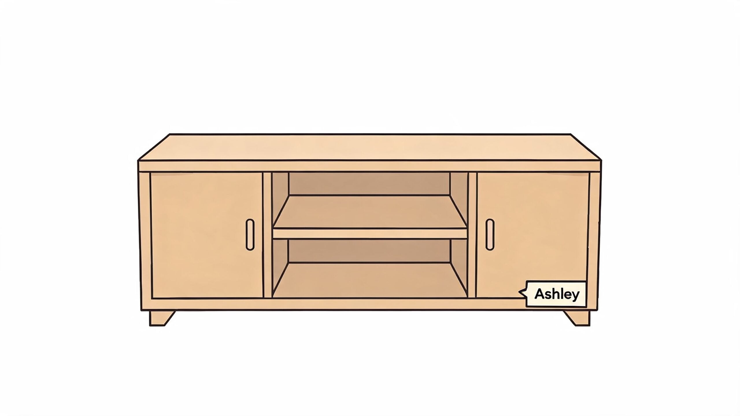 A simple line-art illustration of an Ashley furniture TV console with two side cabinets and open shelving.
