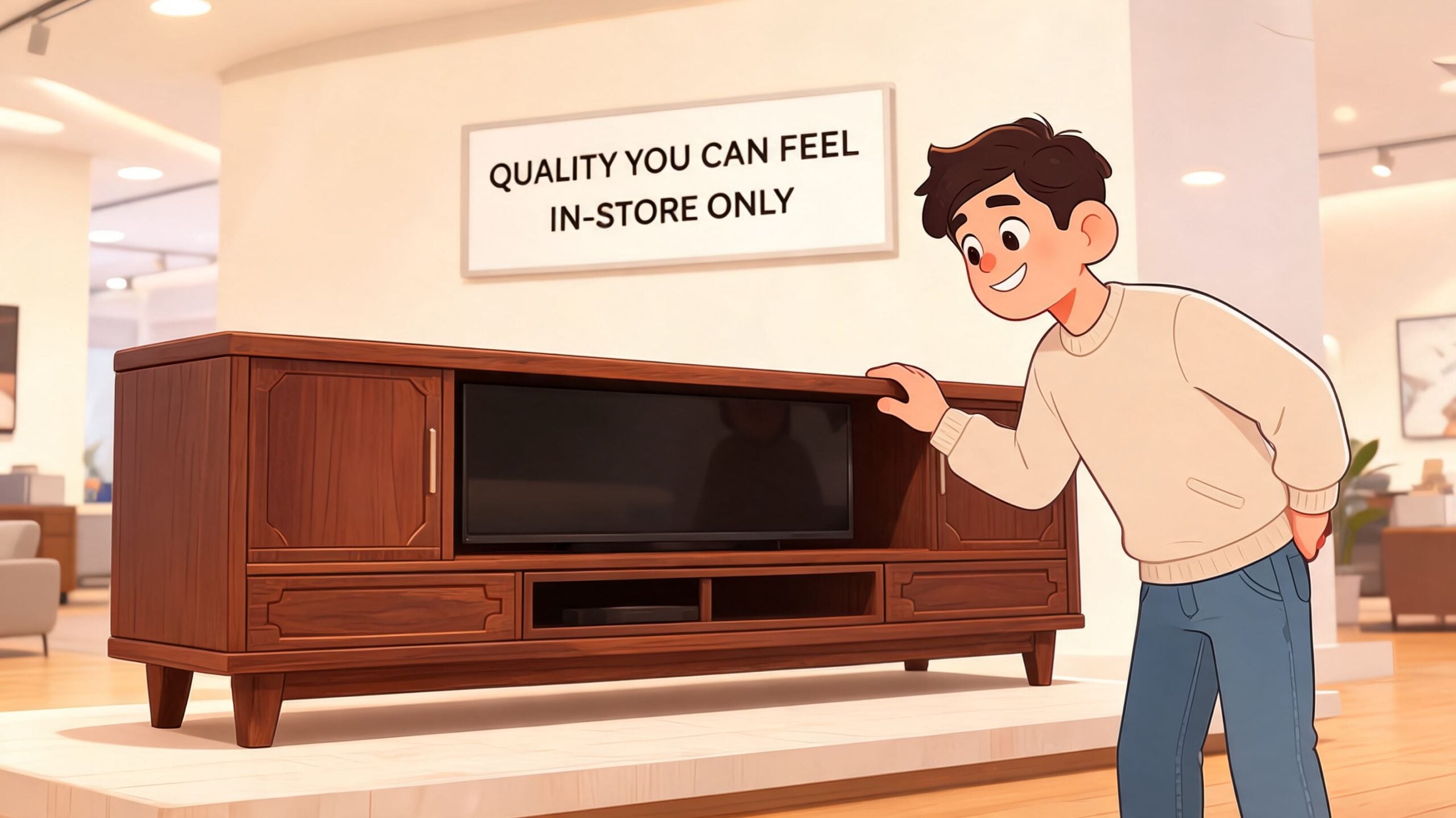 A happy young man inspects a wooden Ashley furniture TV console inside a well-lit showroom.