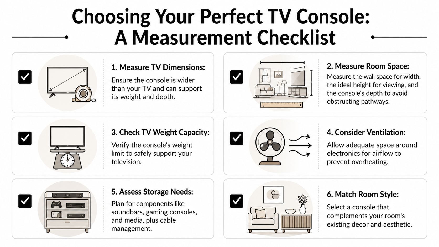 A checklist infographic detailing six essential steps for choosing the perfect TV console for your home.