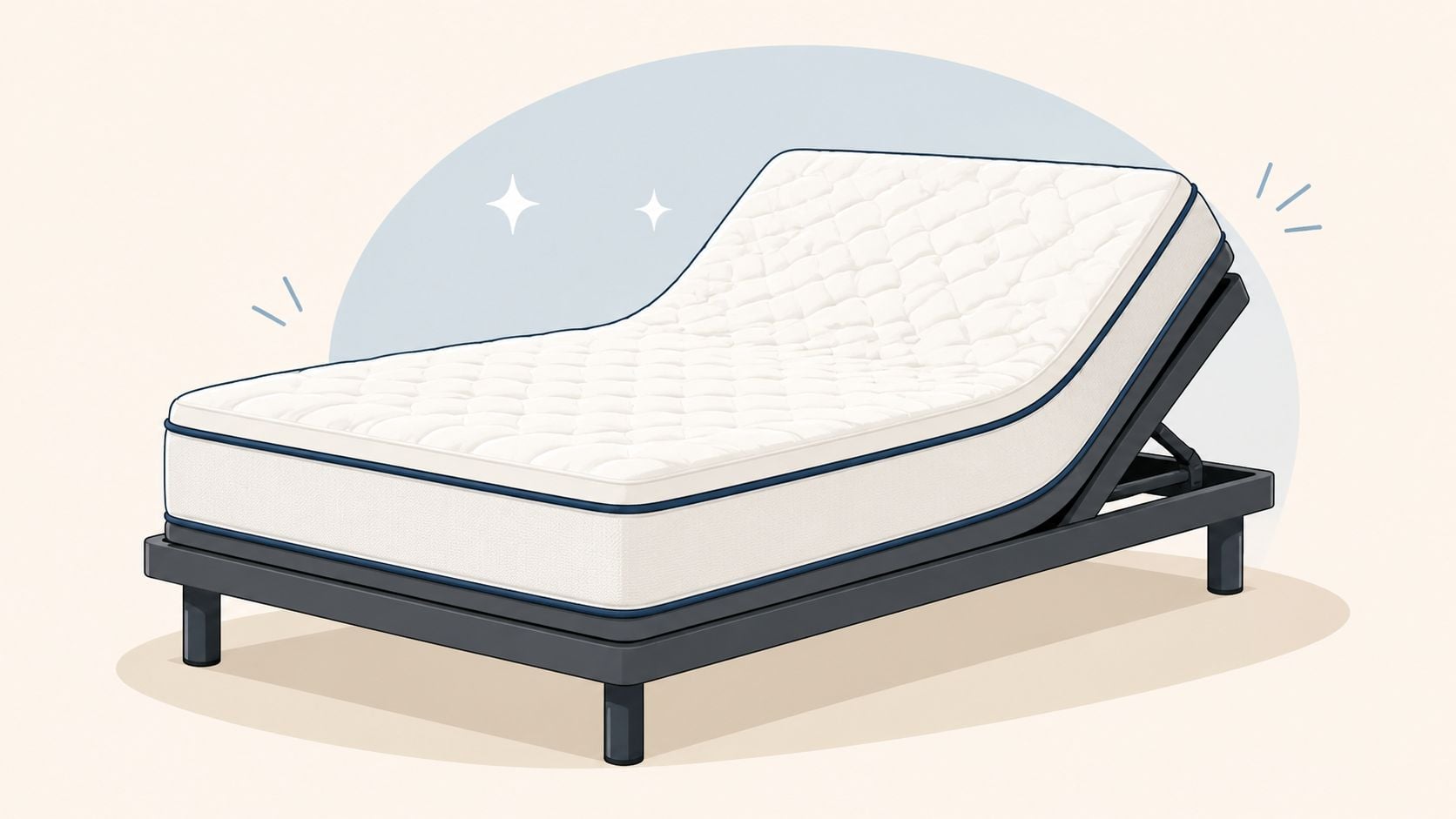 A clean illustration of an adjustable bed frame with a mattress raised in an upright sitting position.