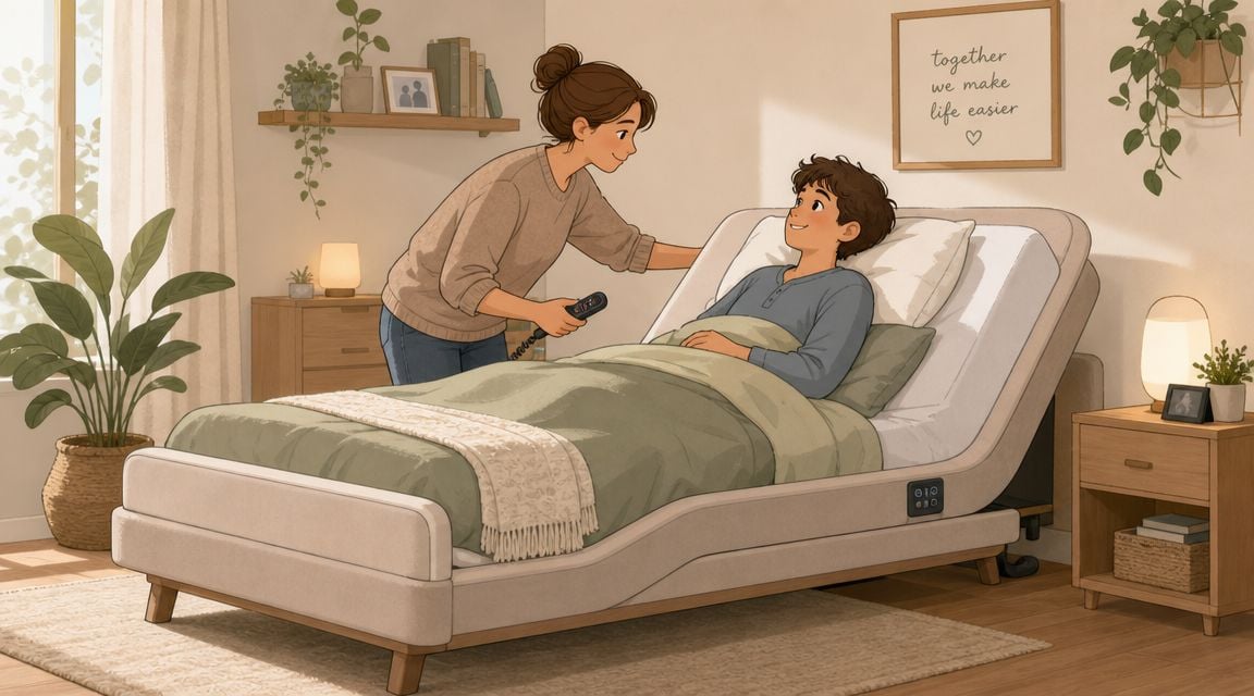A woman adjusting an adjustable bed for a man lying comfortably in a cozy, modern bedroom.