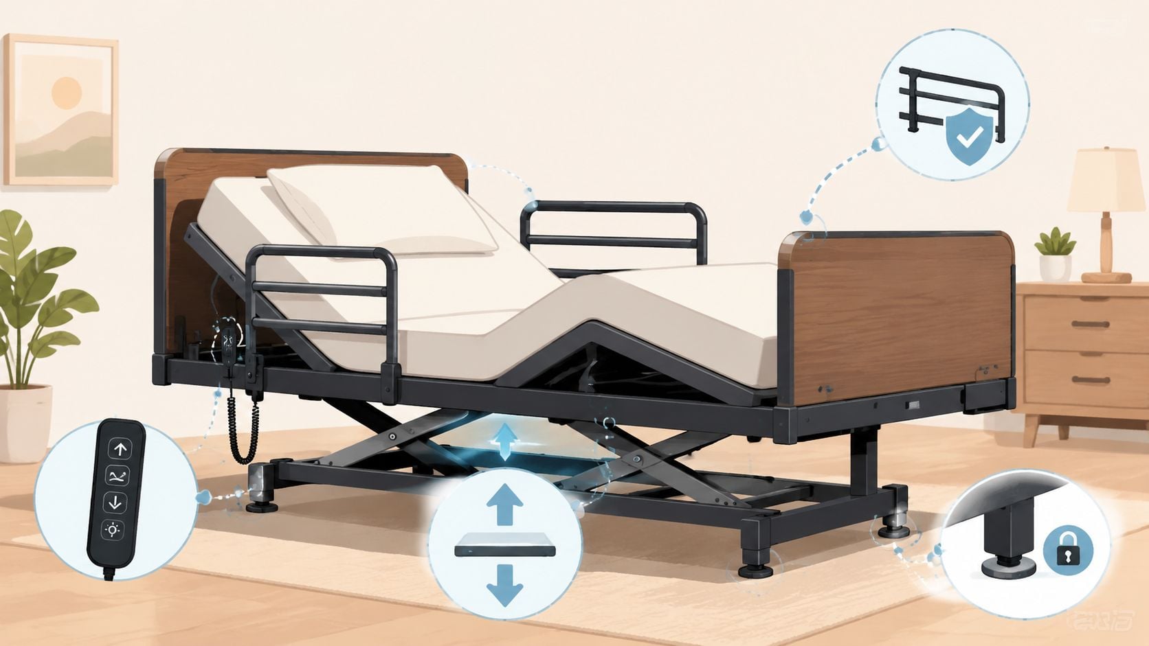 An adjustable electric hospital bed with safety rails and remote control for home care use.