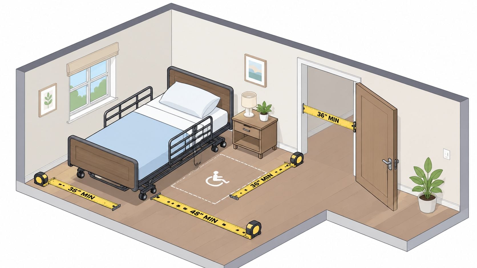 A 3D illustration of an accessible bedroom with a hospital bed and minimum clearance measurements for wheelchair access.