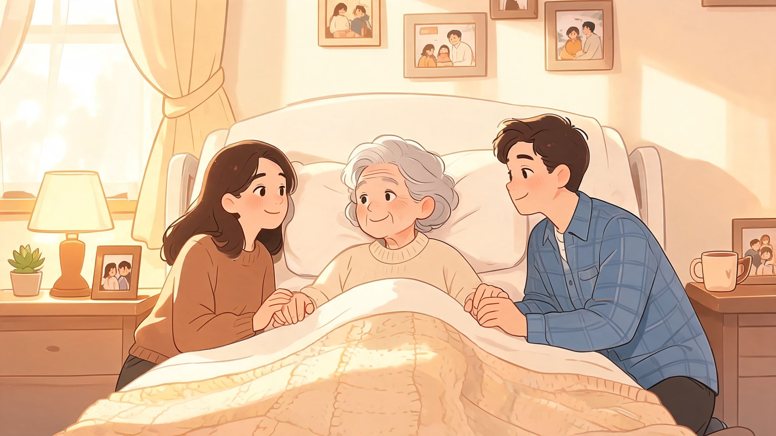 A young couple lovingly holds the hands of an elderly woman resting in a comfortable hospital bed.