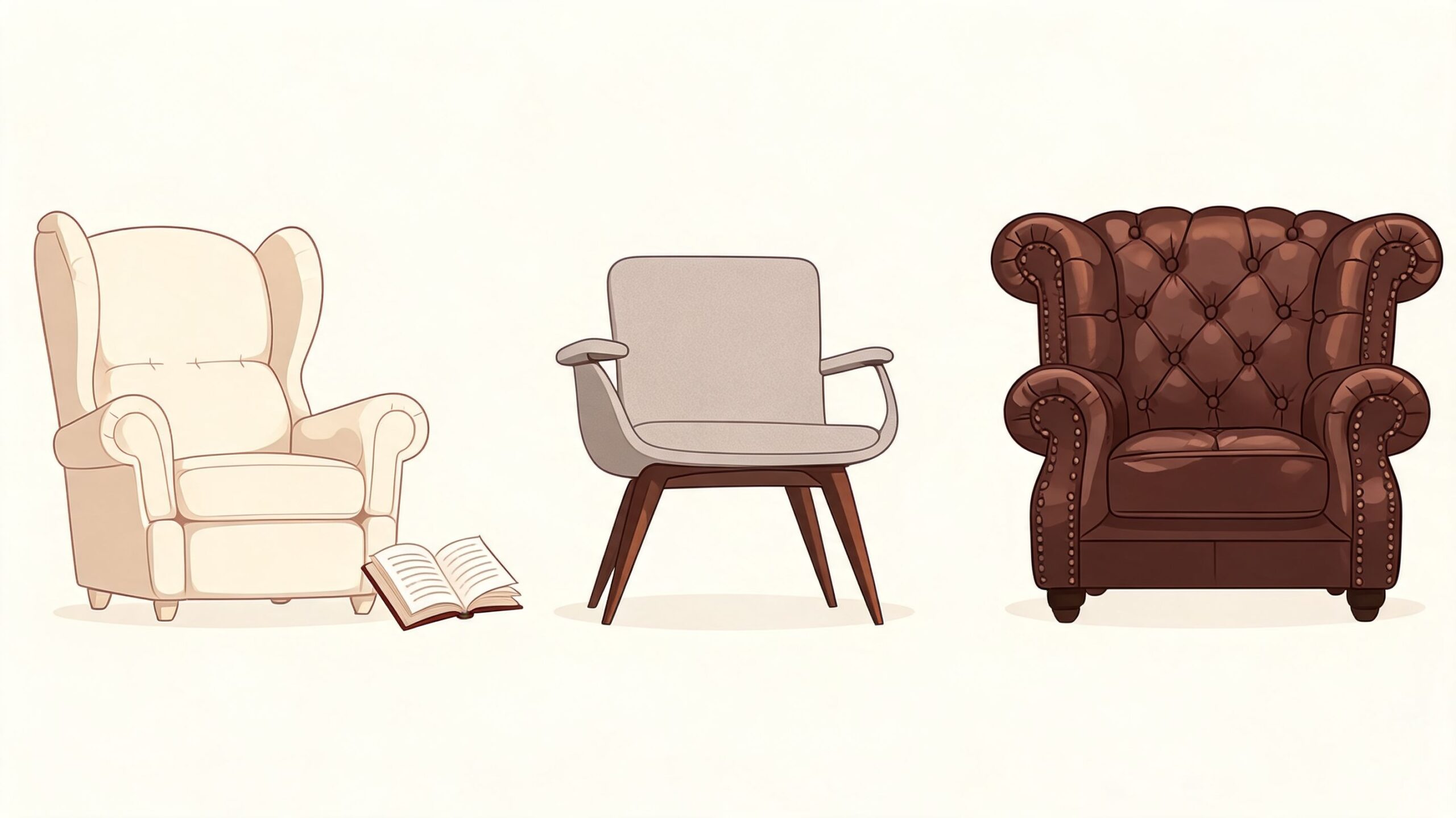Three different styles of accent chairs featuring a cream wingback chair, modern chair, and brown leather tufted chair.