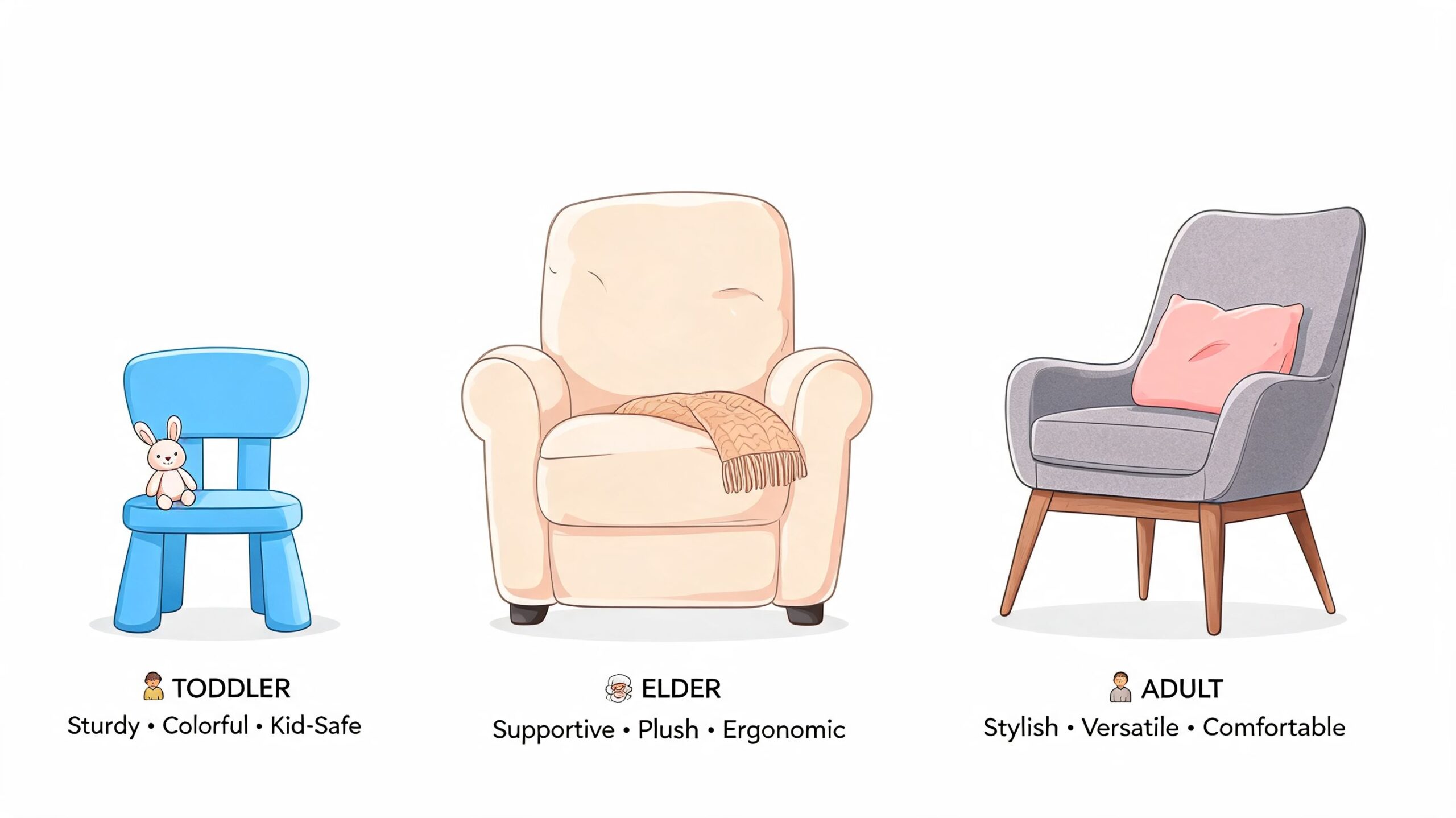 A graphic illustration comparing three types of chairs designed for toddlers, elders, and adults respectively.