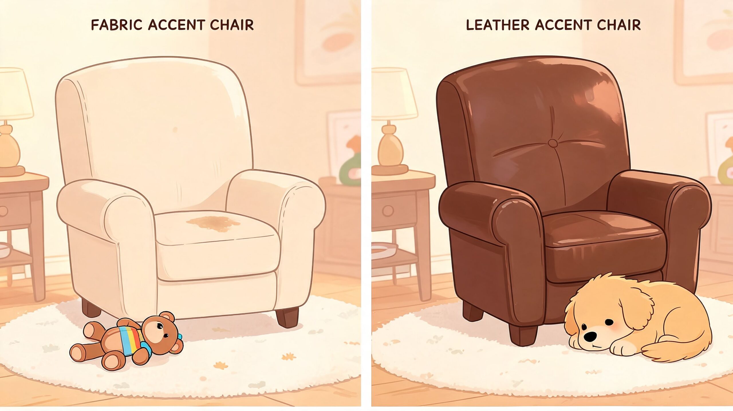 Comparison of a stained fabric accent chair and a clean leather accent chair in a living room.