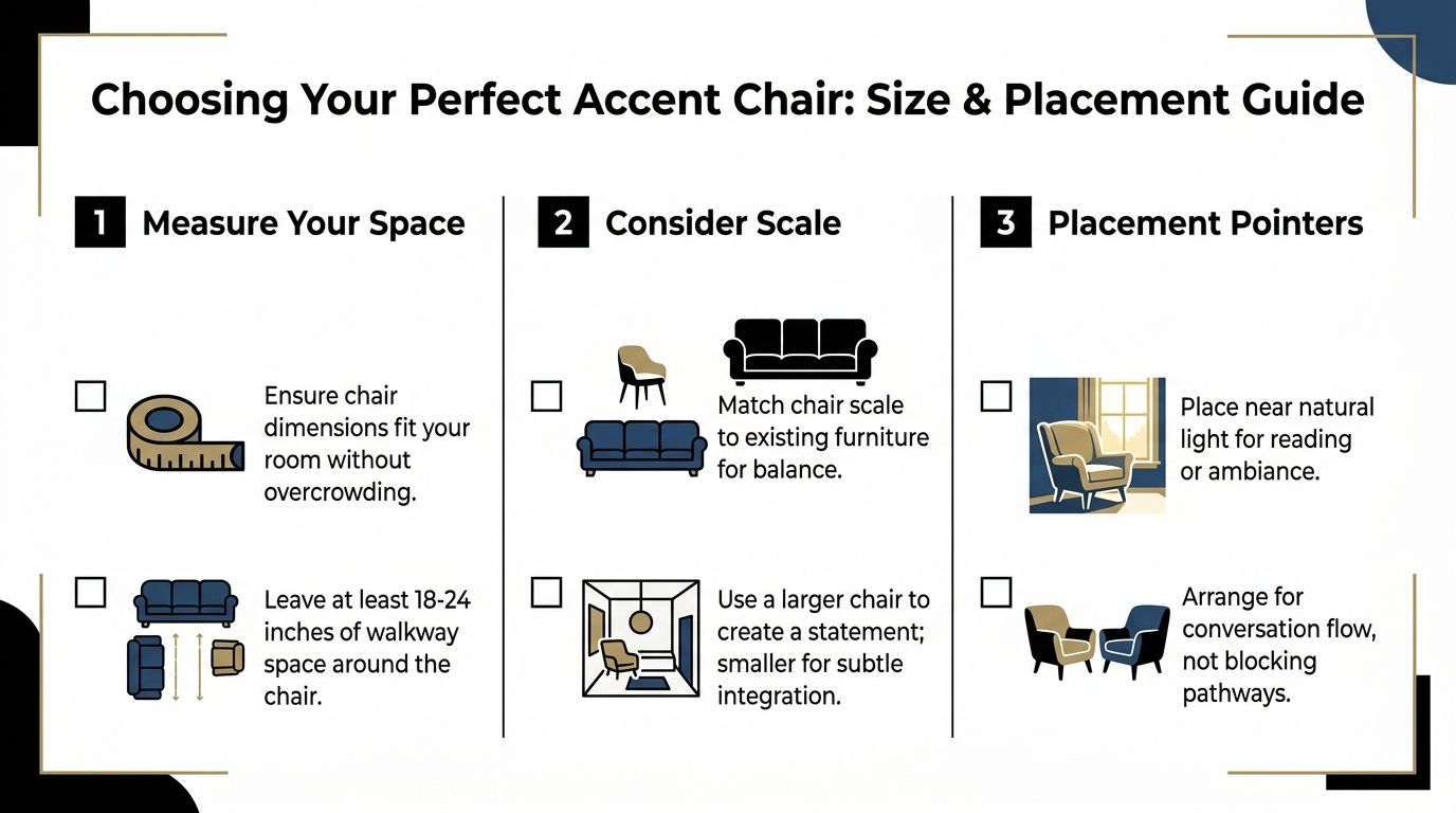 A helpful infographic guide titled Choosing Your Perfect Accent Chair providing tips on size and placement.