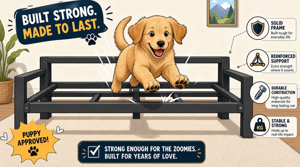 A durable, sturdy black metal dog bed frame designed to withstand playful puppies and heavy daily use.