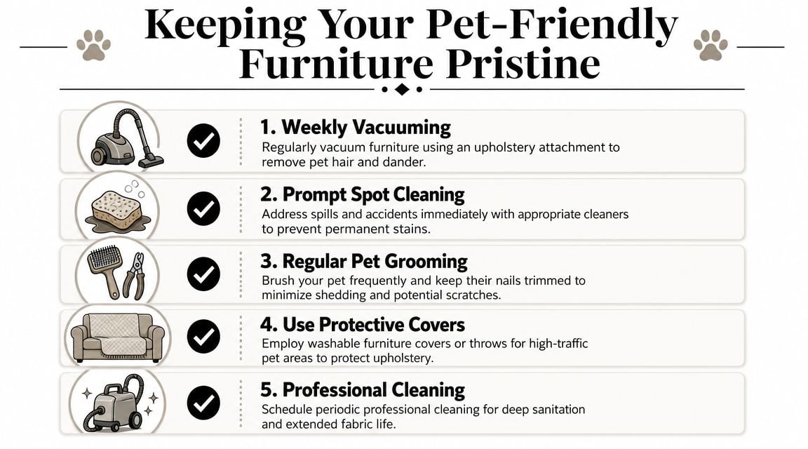 An infographic titled Keeping Your Pet-Friendly Furniture Pristine, outlining five essential maintenance tips for pet owners.