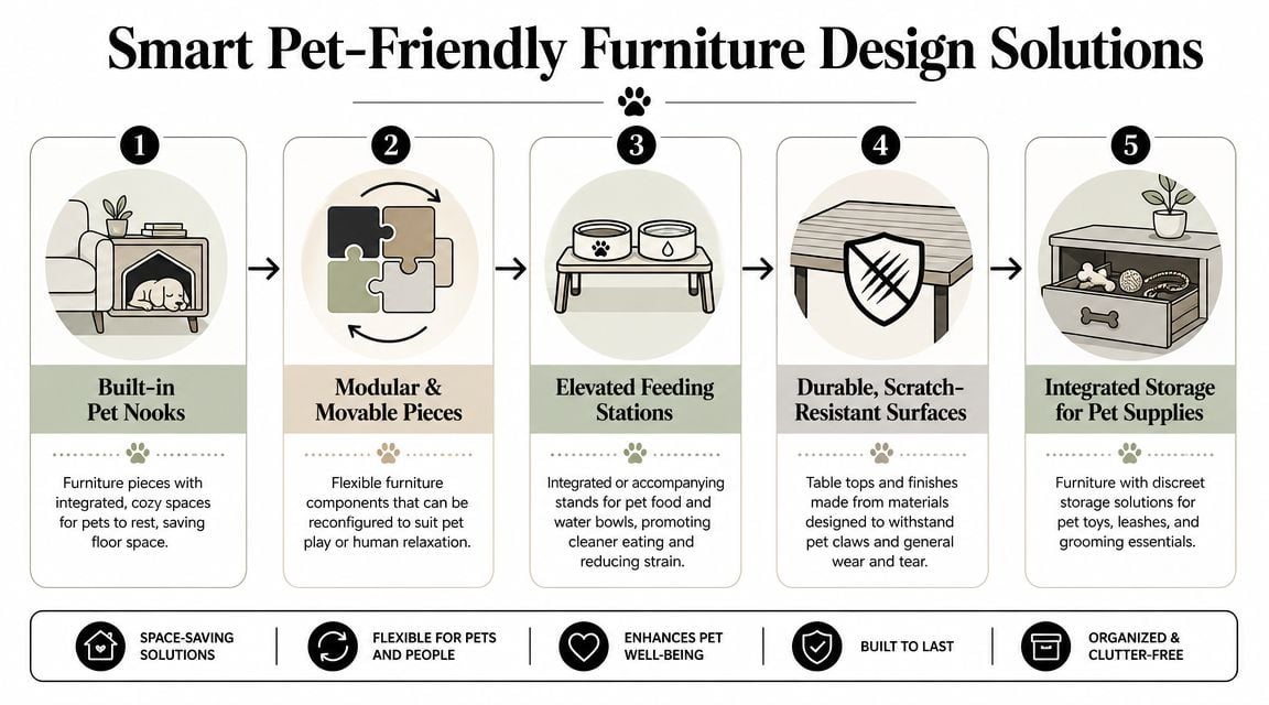 An infographic showing five smart, pet-friendly furniture design solutions for modern, organized, and cozy homes.