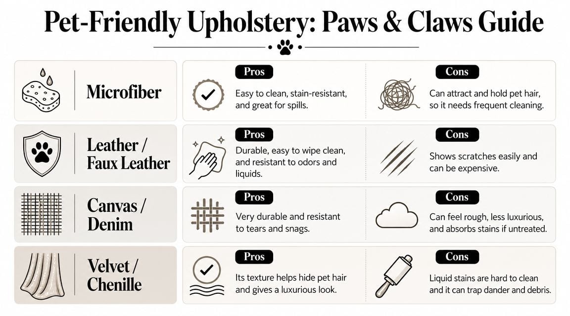 A comparison chart of pet-friendly upholstery fabrics including microfiber, leather, canvas, and velvet with pros and cons.