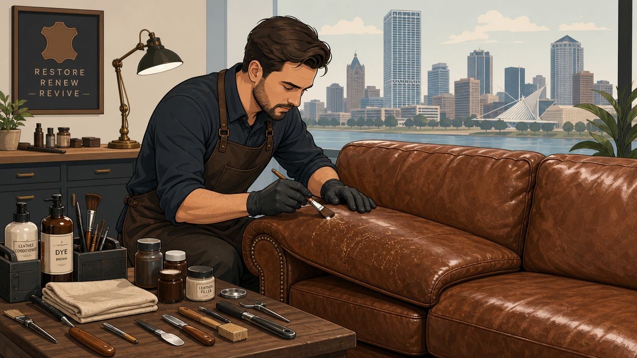 A professional craftsman meticulously restoring and repairing an aged brown leather sofa in a workshop.