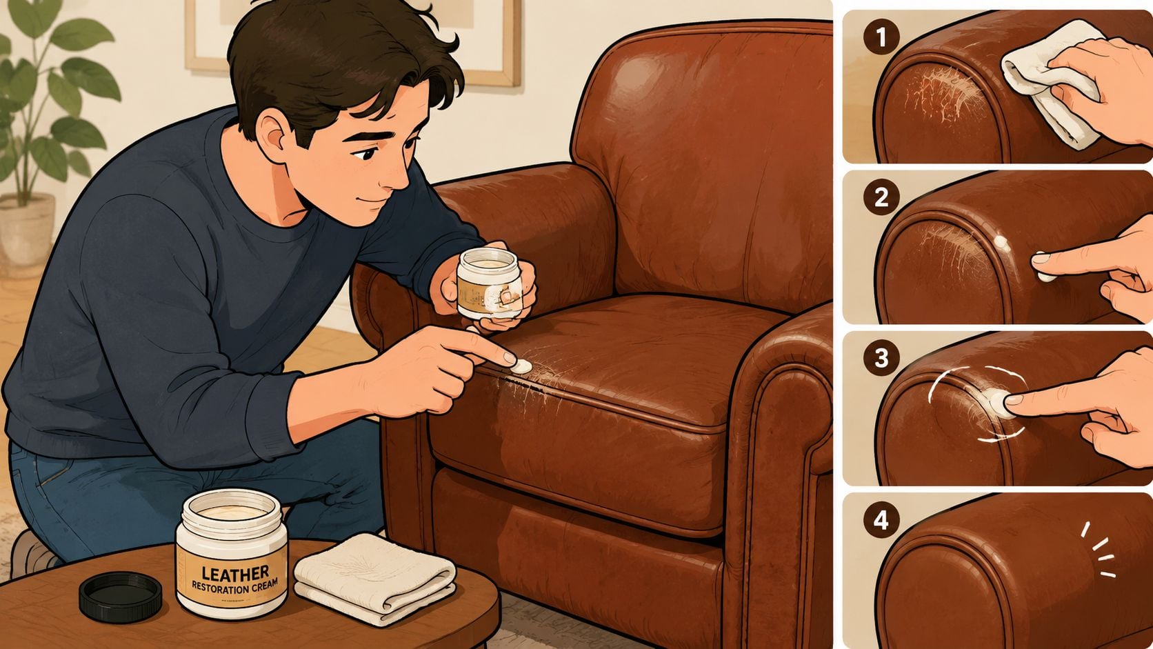 A man applying leather restoration cream to a scratched brown leather armchair to repair the surface damage.