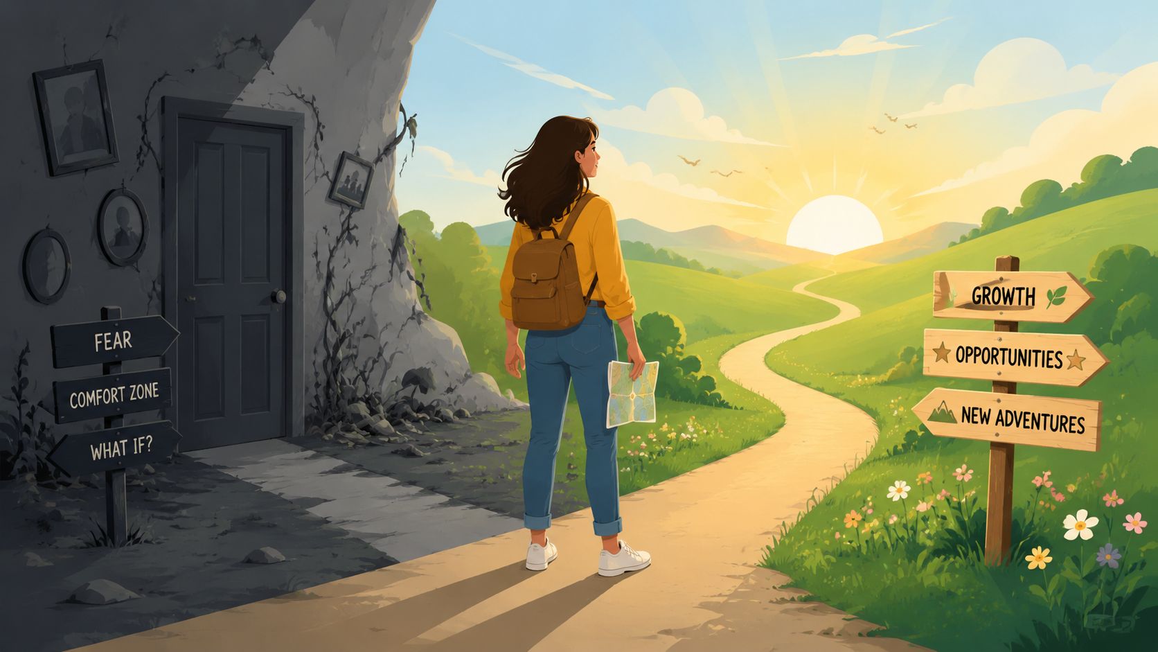 A woman stands at a crossroads, choosing between a dark, closed doorway and a bright, sunny path.
