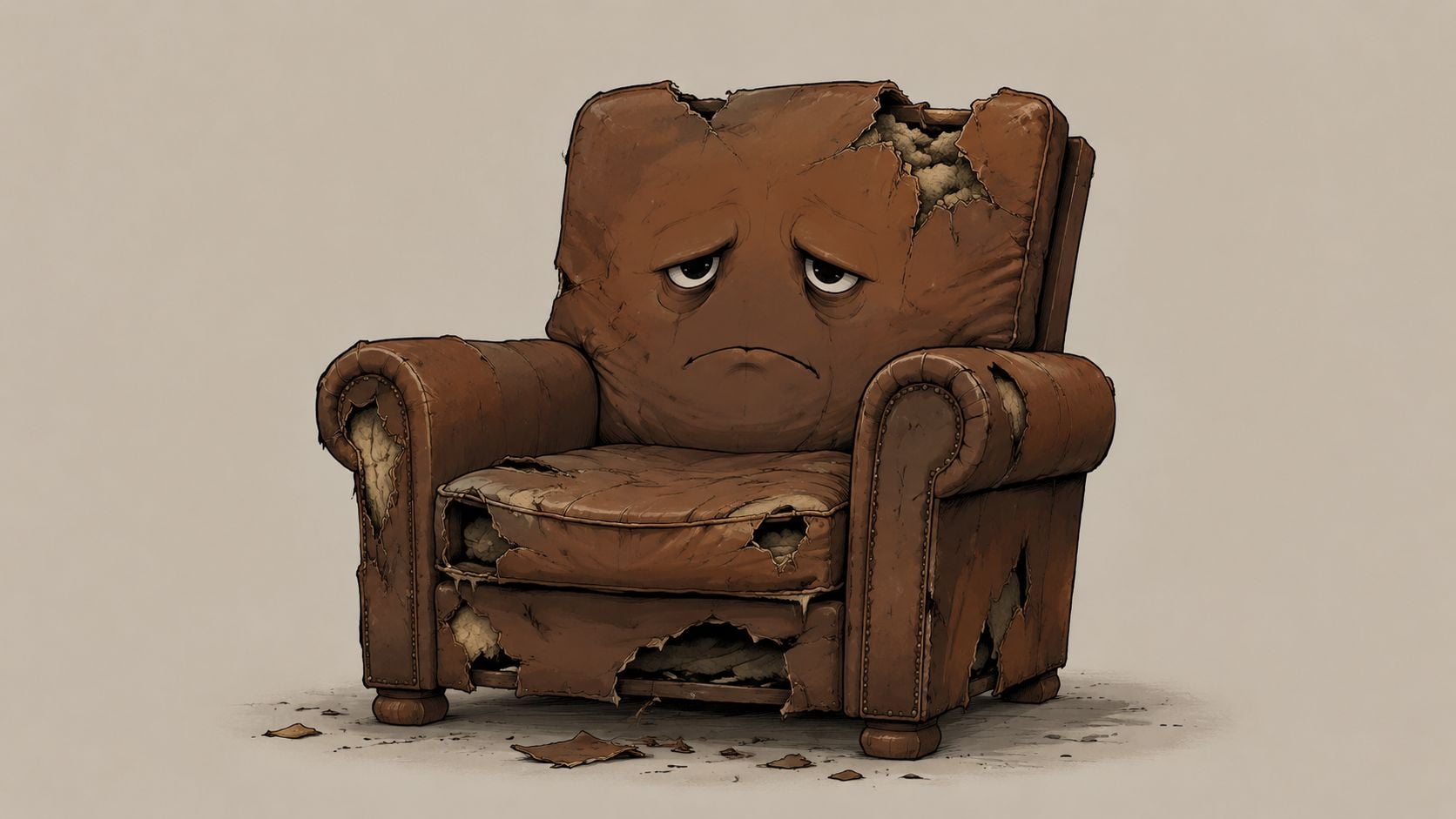 A sad, anthropomorphic leather armchair in poor condition with worn fabric and rips, illustrating the need for restoration.