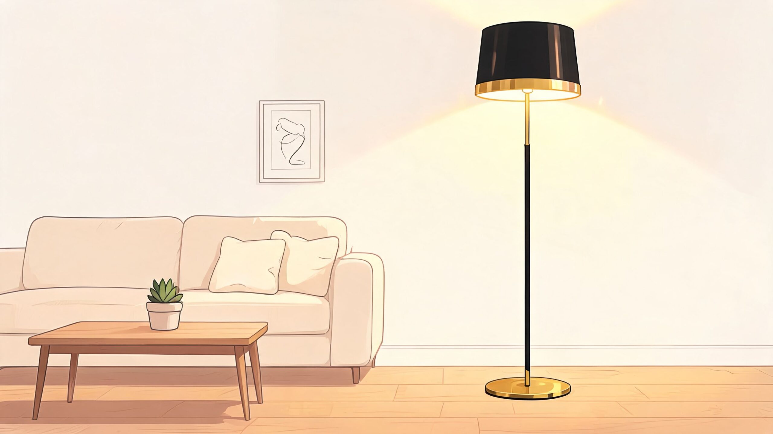 A modern living room featuring a sleek black and gold floor lamp next to a beige sofa.