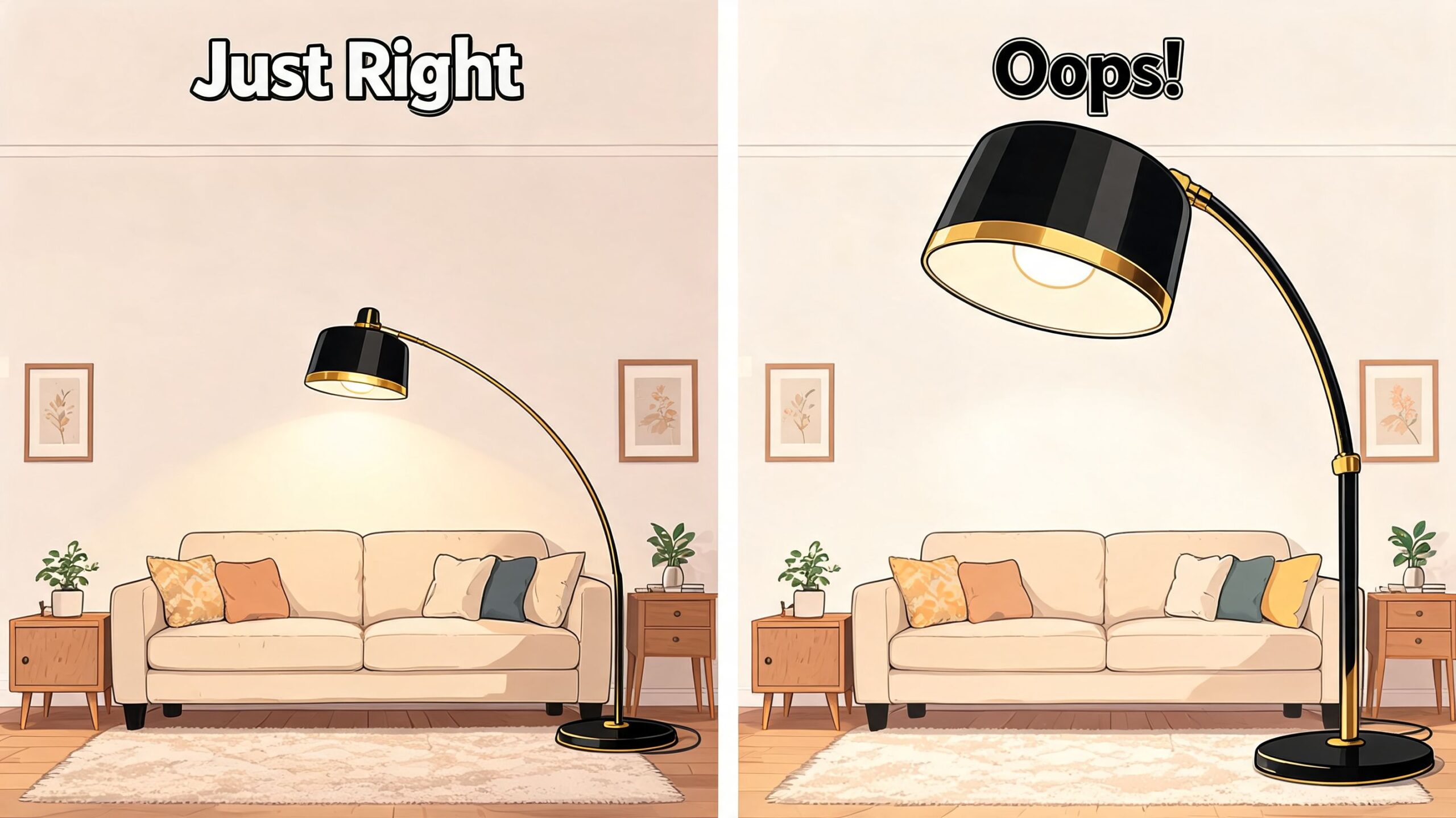 A side-by-side comparison illustrating the correct and incorrect scale and placement of a floor lamp.