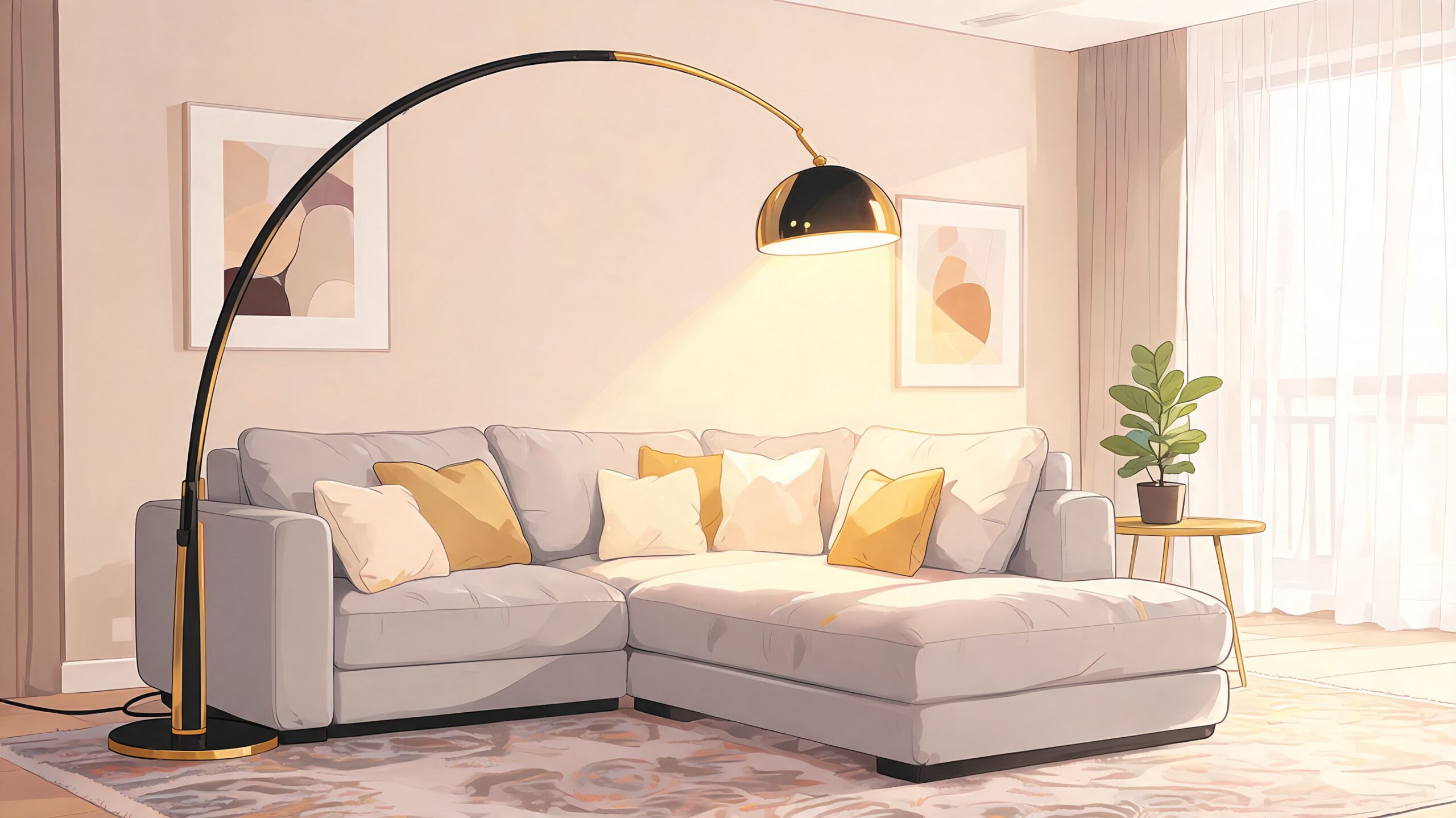 A modern grey sectional sofa with yellow pillows illuminated by a stylish black and gold arch floor lamp.
