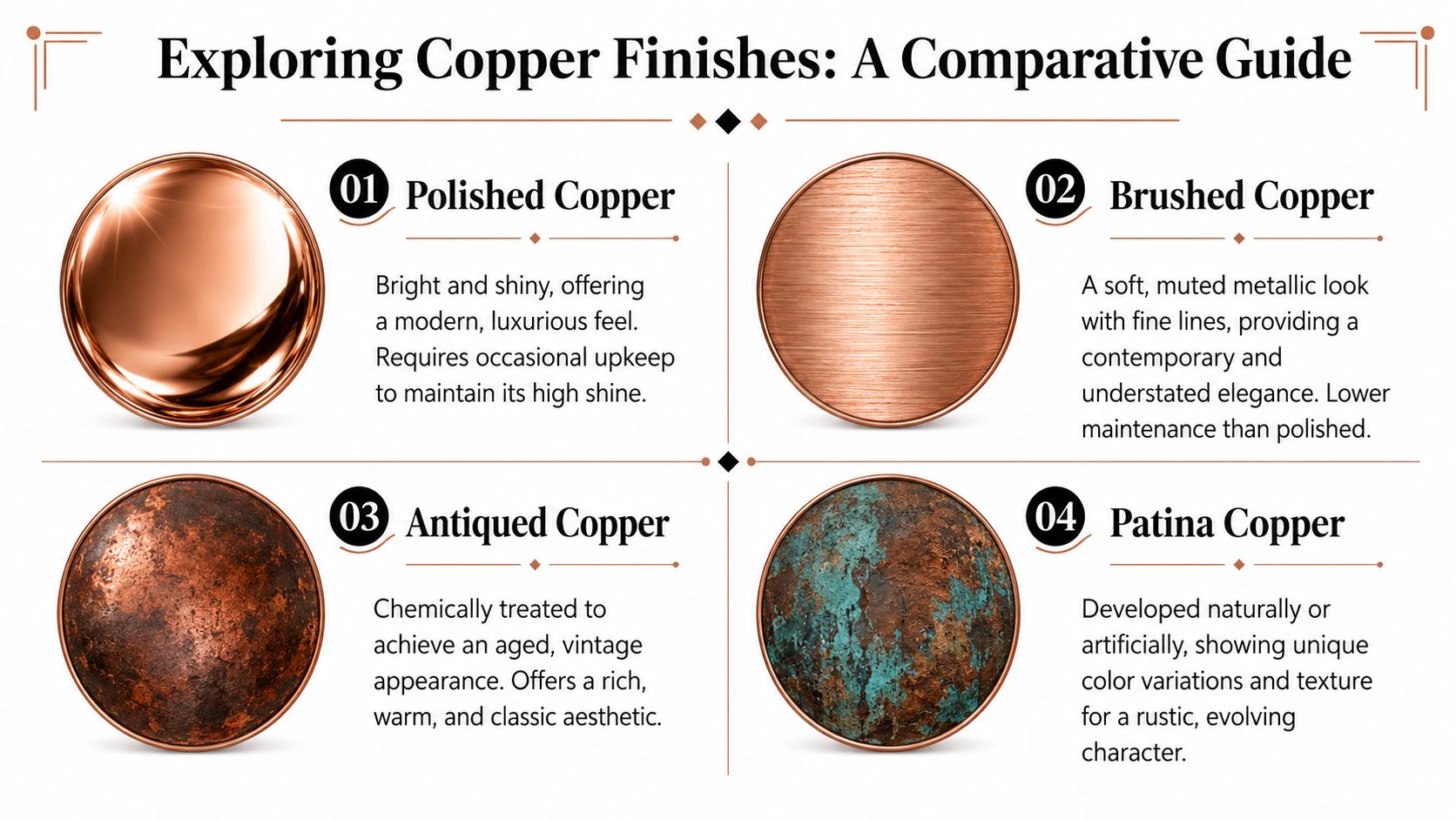 A comparative guide showing four different types of copper finishes including polished, brushed, antiqued, and patina.