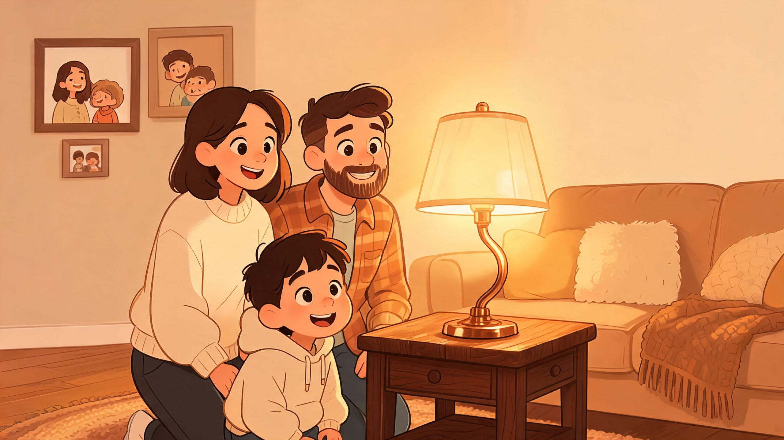 A happy family smiling warmly while sitting together in their cozy living room near a glowing lamp.