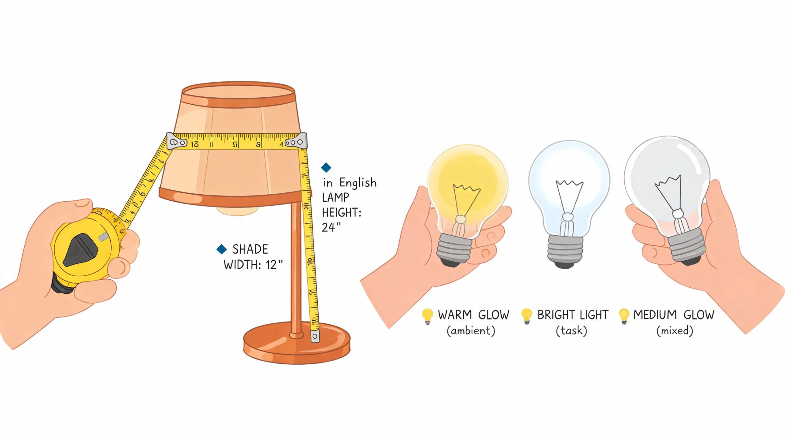 A diagram demonstrating how to measure a table lamp's height and shade width with different bulb choices.