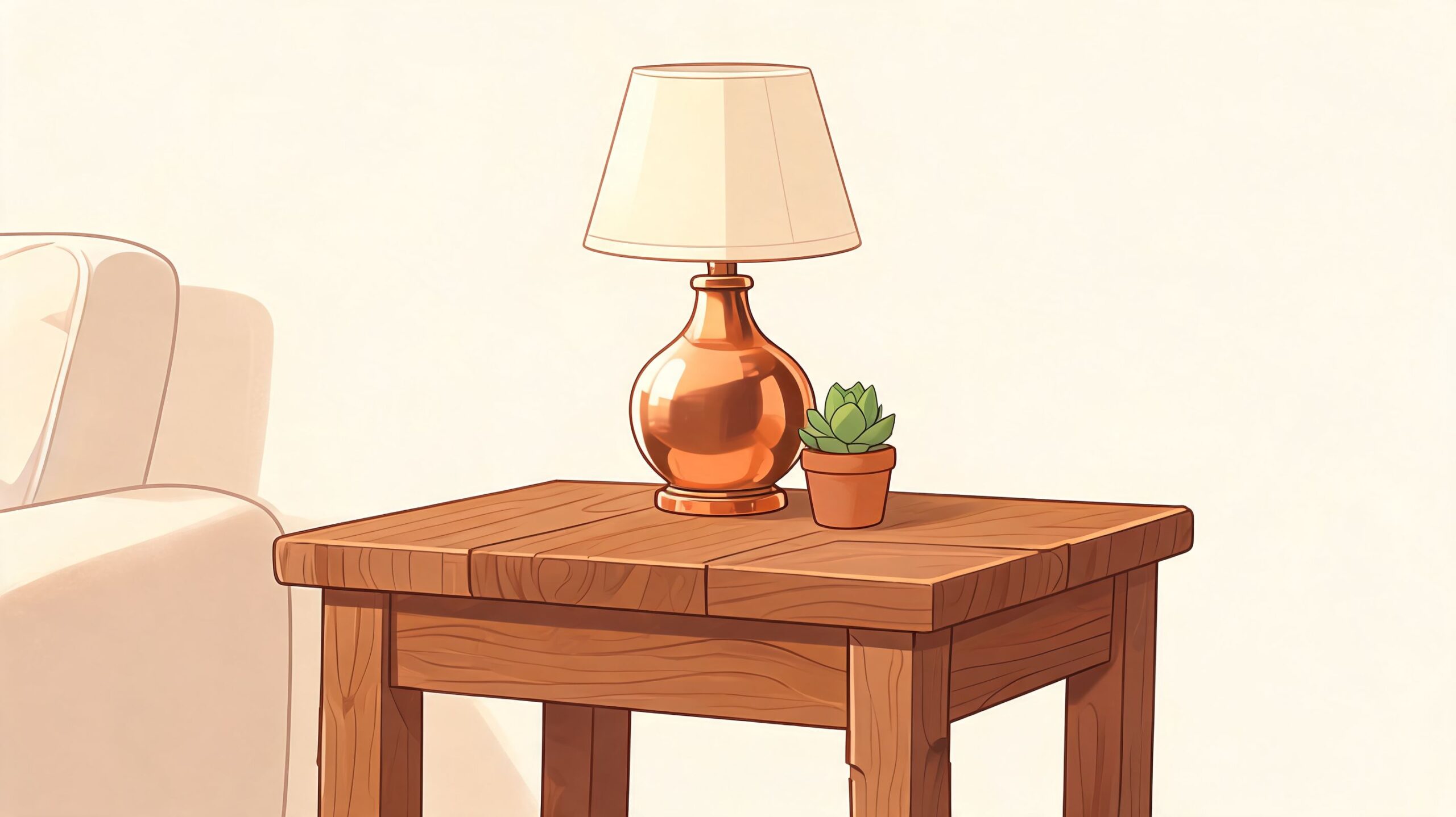 A modern copper-colored table lamp sitting next to a small succulent plant on a wooden side table.