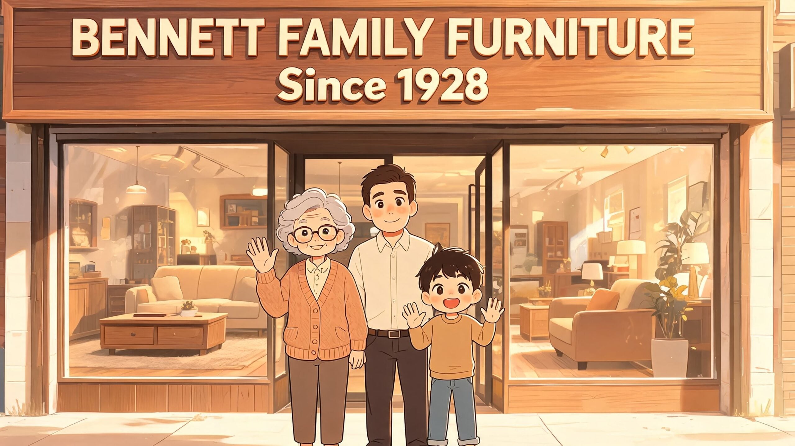 A happy family standing in front of the Bennett Family Furniture store since 1928, inviting customers inside.