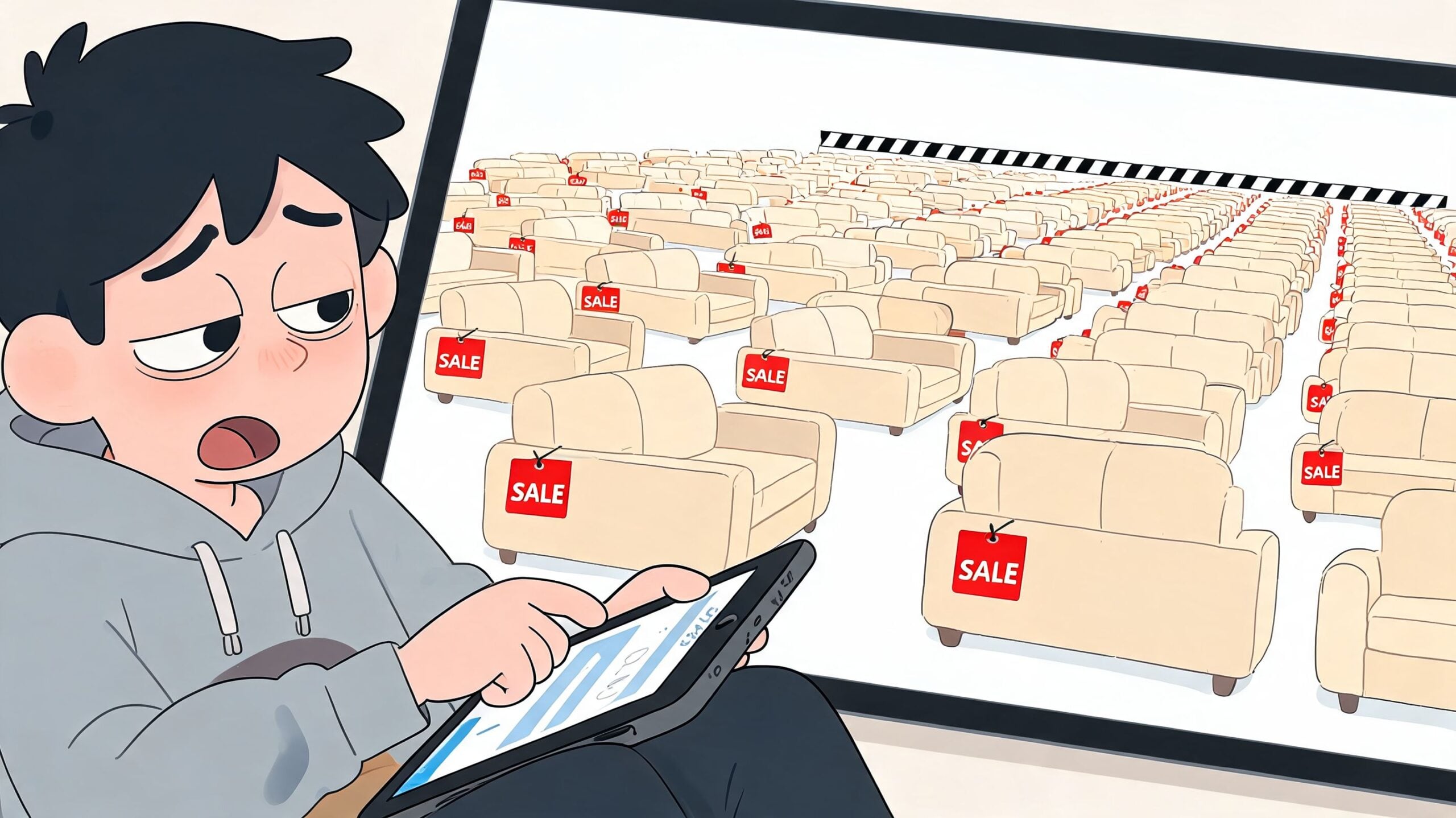 A tired-looking person searching for furniture on a tablet with endless rows of sofas on sale.