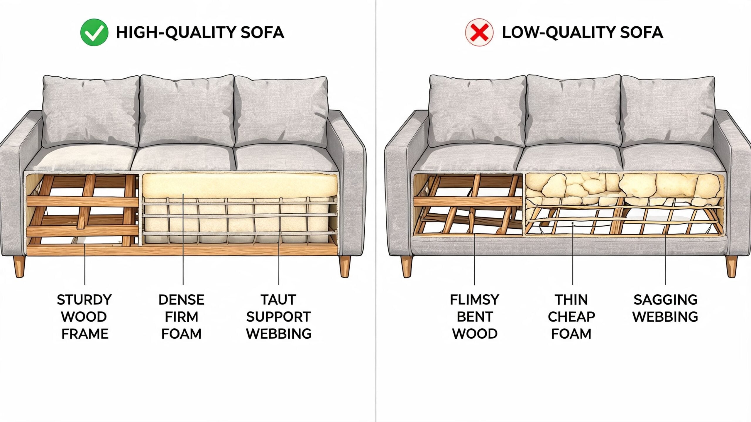 A side-by-side comparison illustrating the structural differences between a high-quality sofa and a low-quality sofa.