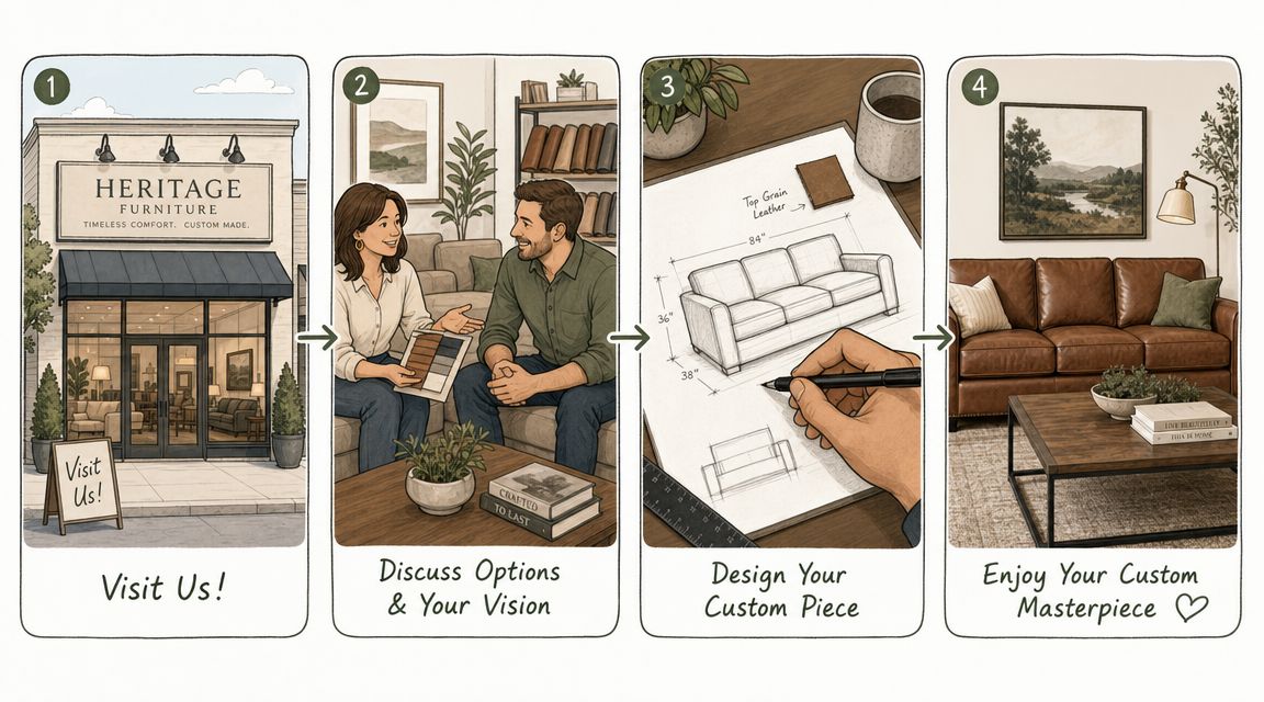 A four-step infographic illustrating the custom furniture ordering process from visiting the store to receiving a leather sofa.