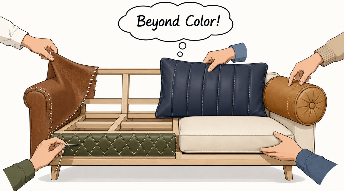 Hands assembling a custom leather sofa with various colored and textured materials during an upholstery process.