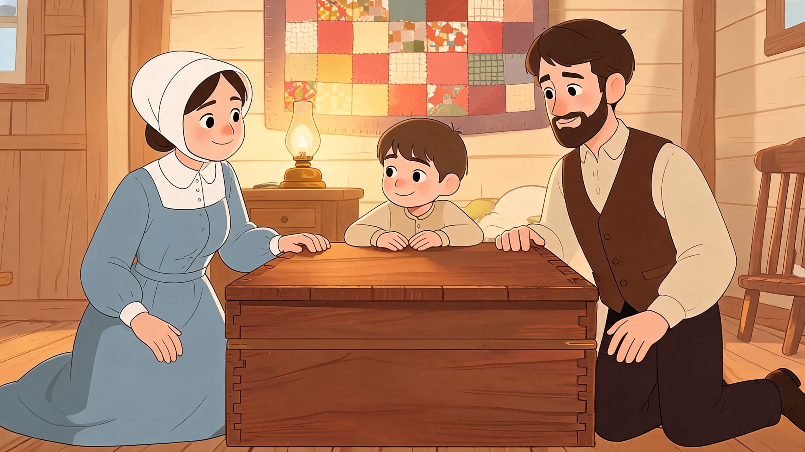 An Amish family including a mother, father, and son gather around a wooden chest in a room.
