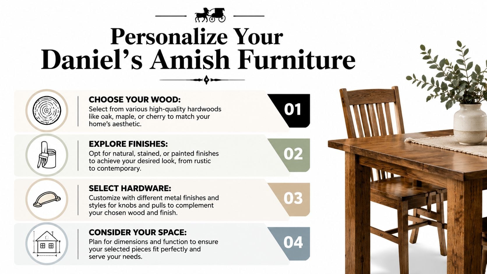 A guide on how to personalize your Daniel's Amish furniture with options for wood, finishes, hardware, and sizing.