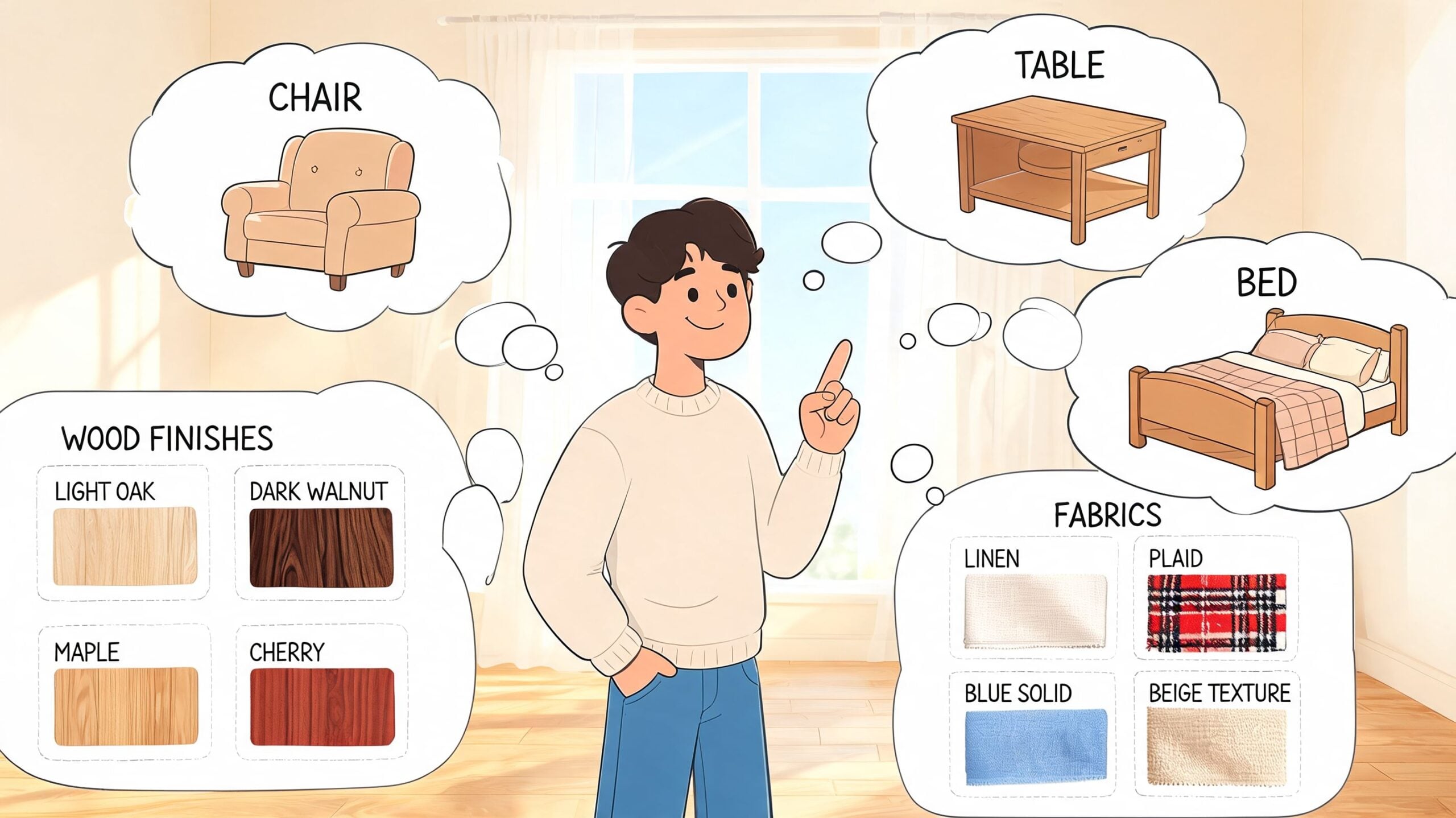 A young man considers various furniture items and wood finishes while shopping for the Daniels Amish Collection.