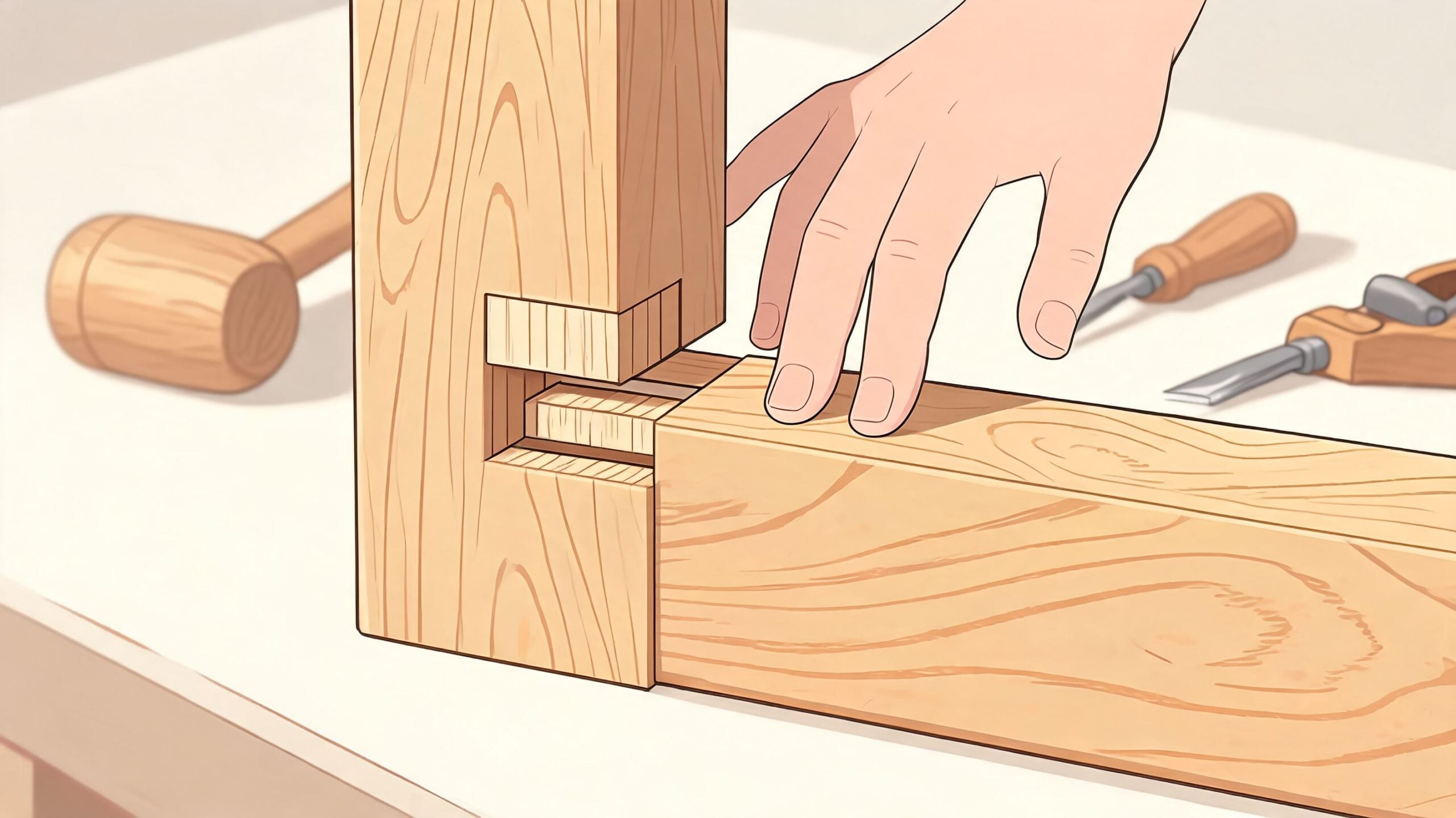 A craftsman's hands carefully assembling a traditional wood tenon and mortise joint for furniture construction.