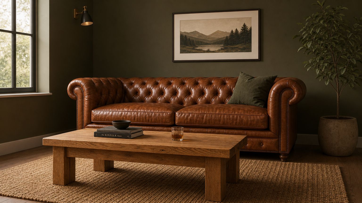 A classic brown leather chesterfield sofa in a cozy den with a wooden coffee table and wall art.
