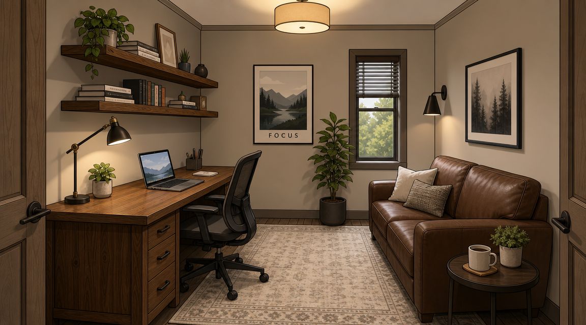 A cozy, well-lit home office and den featuring a wooden desk, leather sofa, and stylish wall decor.