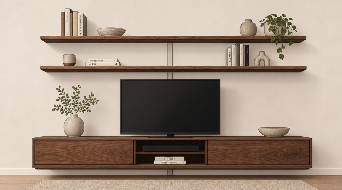 A minimalist living room den featuring a floating wooden media console and shelves decorated with books and plants.
