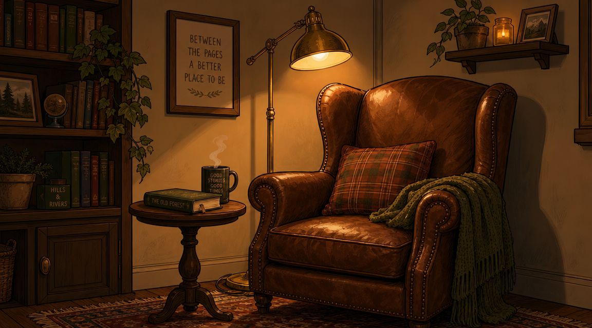 A cozy leather armchair next to a small wooden table with a book and coffee in a library.