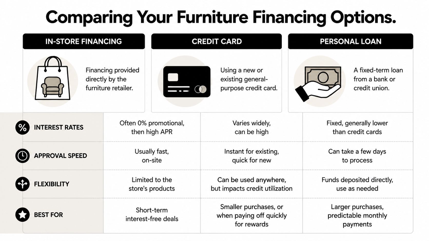 A comparison chart outlining three furniture financing options: in-store financing, credit cards, and personal loans.