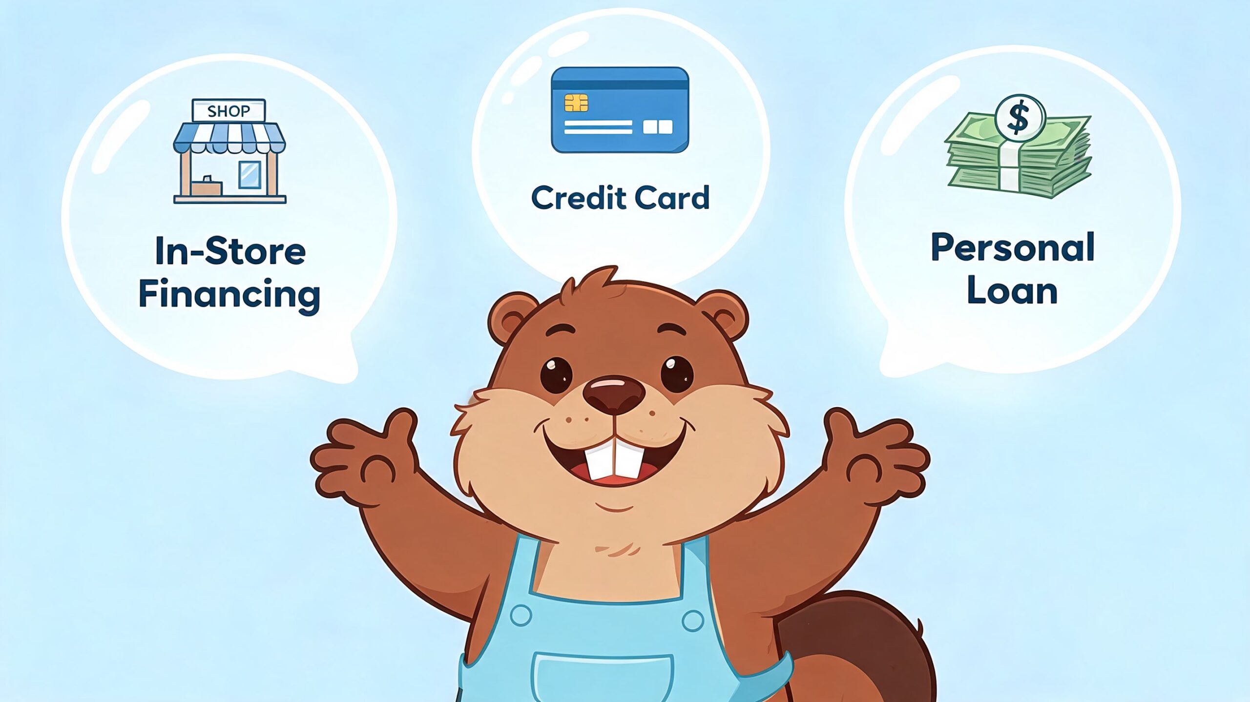 A friendly cartoon beaver presenting three financial options: in-store financing, credit card, and personal loan.