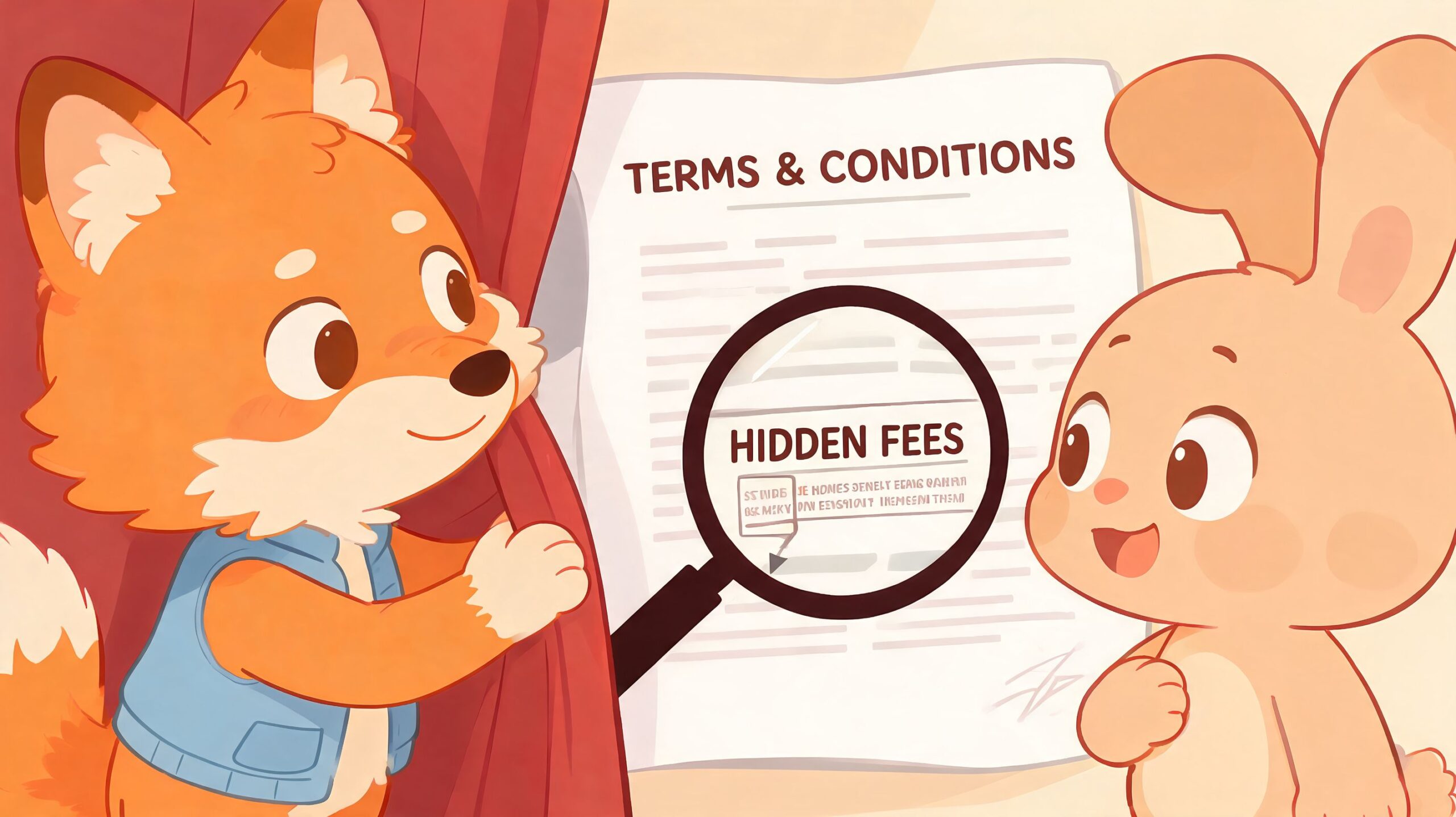 A friendly fox and a rabbit examining a Terms and Conditions document with a magnifying glass.