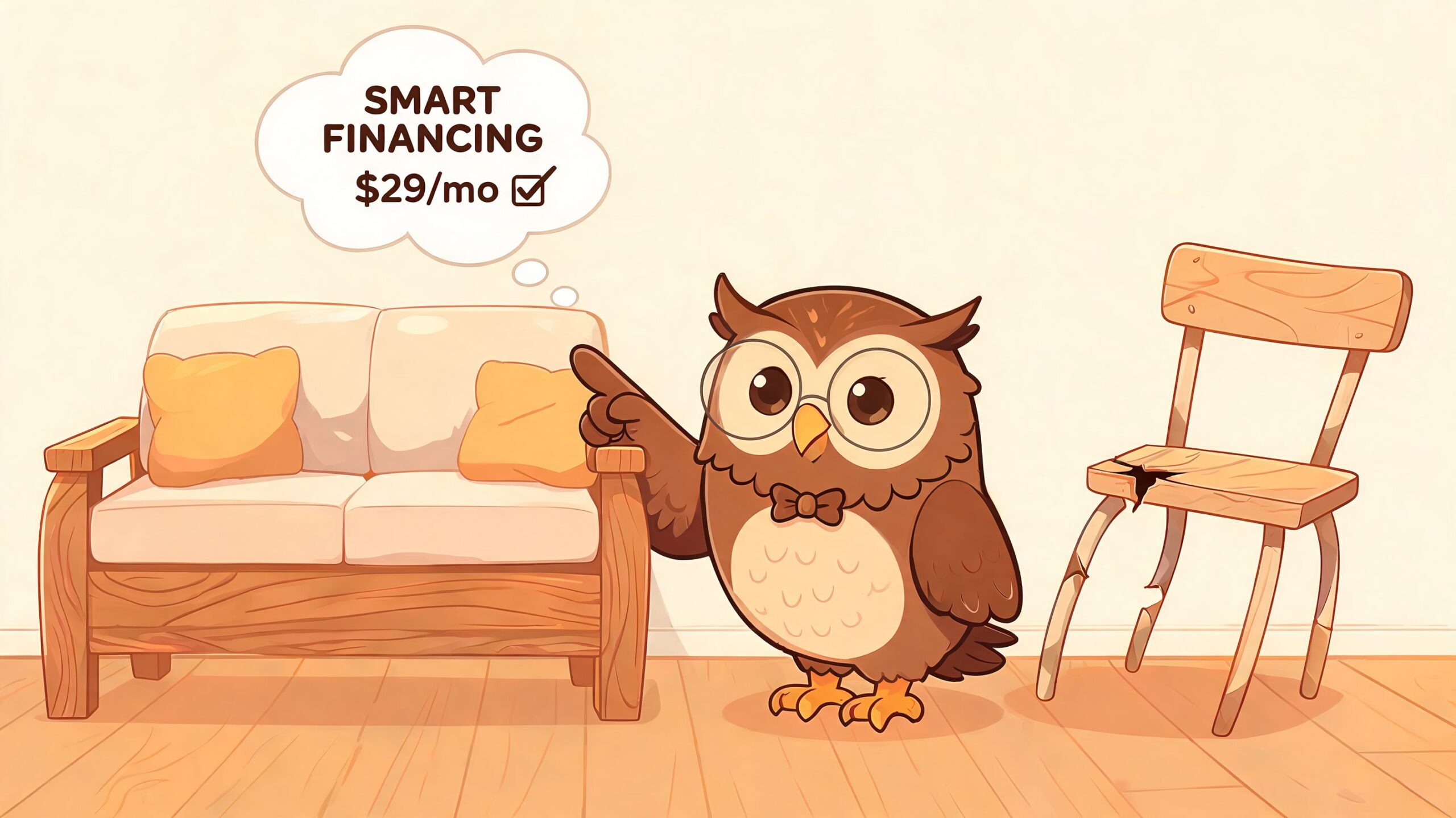 A cartoon owl wearing glasses recommends affordable furniture financing while standing between a sofa and broken chair.